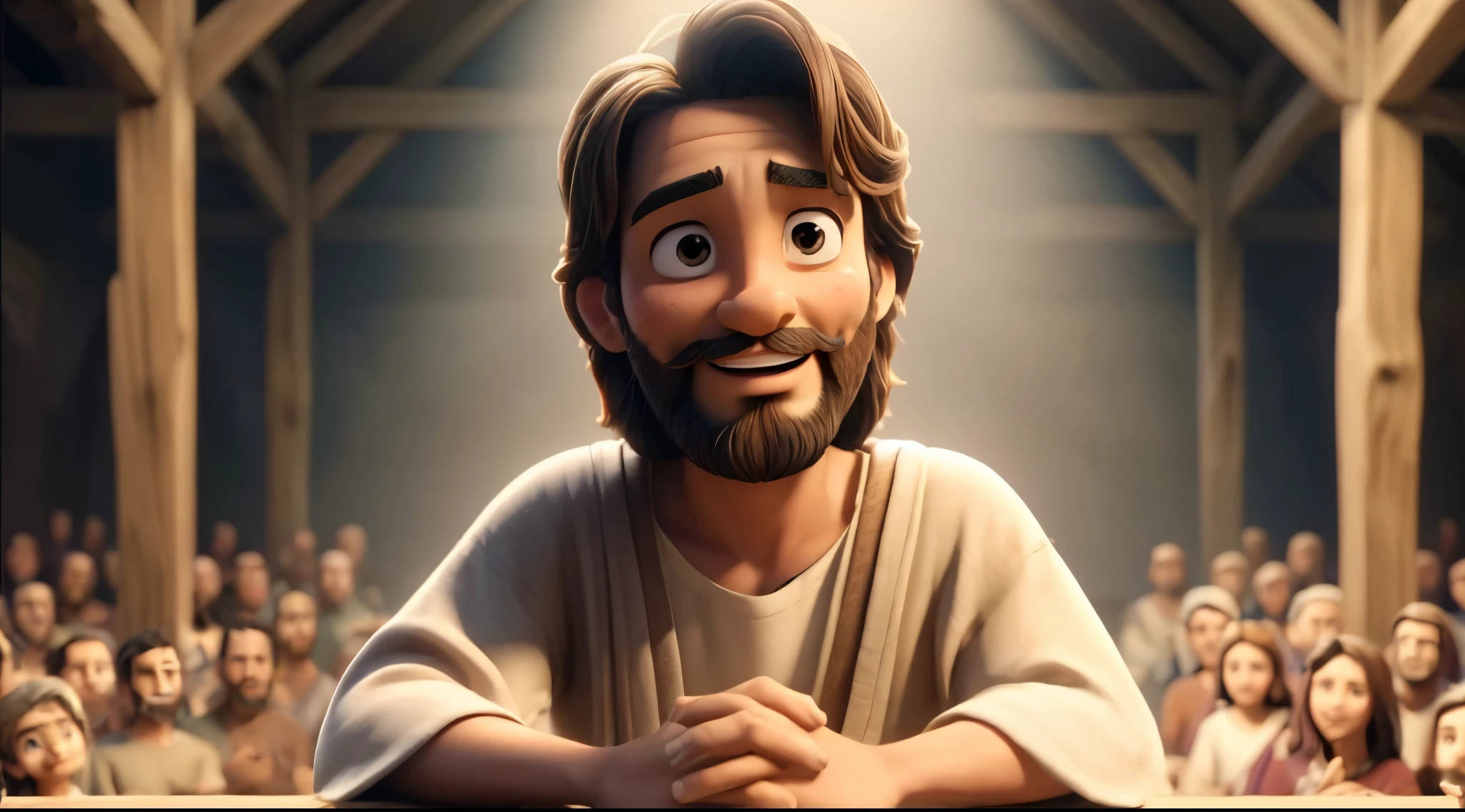 In the image, Jesus is depicted with a beard and a mustache, looking up with a smile on his face. He is wearing a tan robe and has his hands clasped in front of him. He appears to be addressing a crowd of people who are watching him intently. The scene is set in a large wooden building with support beams on the ceiling. The people in the crowd are depicted in various postures, some with their hands clasped, and others with their arms crossed or sitting with their hands on their laps.