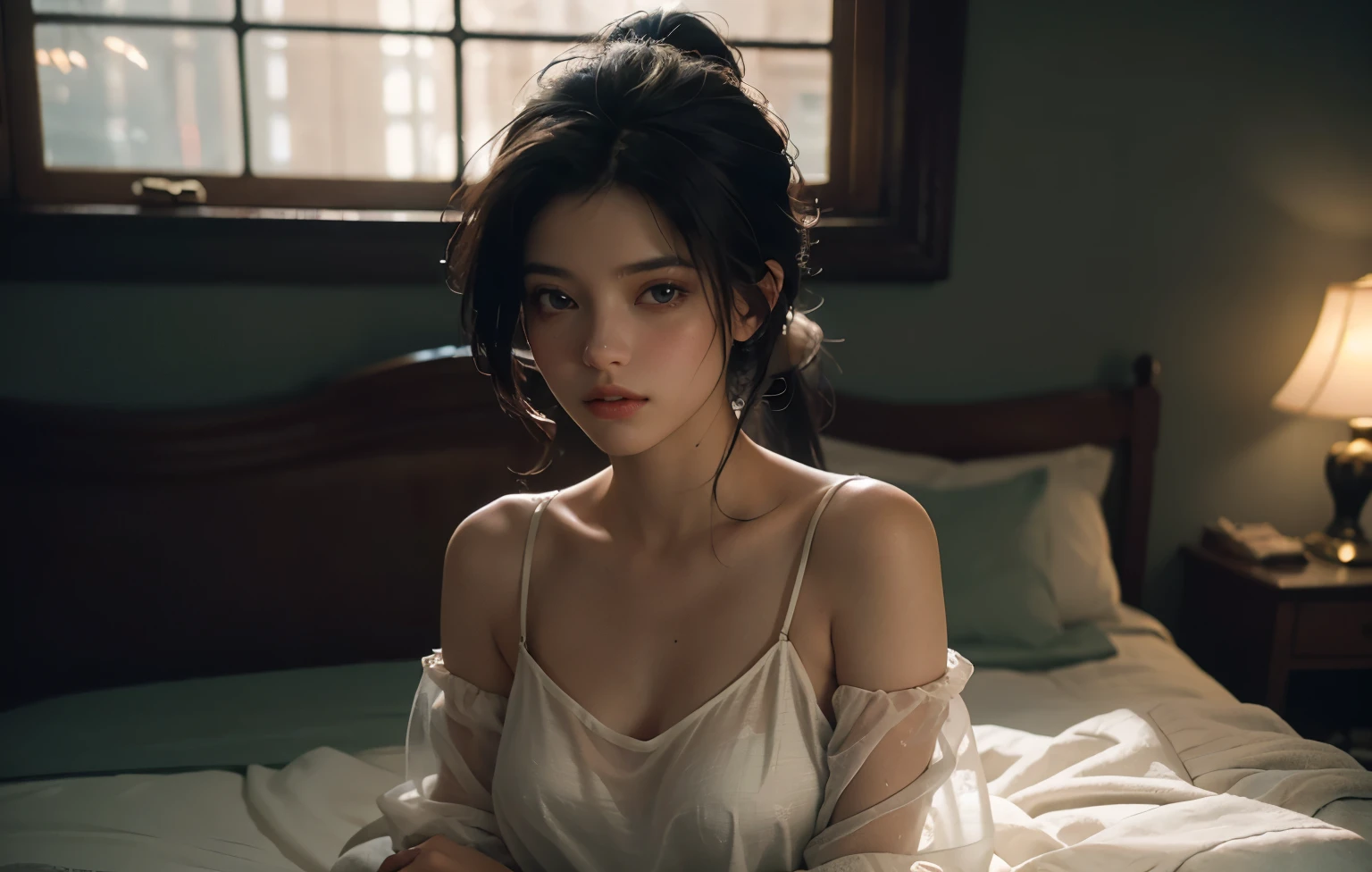 1 girl, Best quality, masterpiece, ultra high res, (photorealistic:1.4), raw photo, 1girl, see through spaghetti strap shirt, cinematic lighting, half body view, half body shot, bedroom, nude but covered by blanket, long ponytail, Whimsical lighting, Enchanted ambiance, bokeh, Dreamy decor, Whimsical lighting, Enchanted ambiance