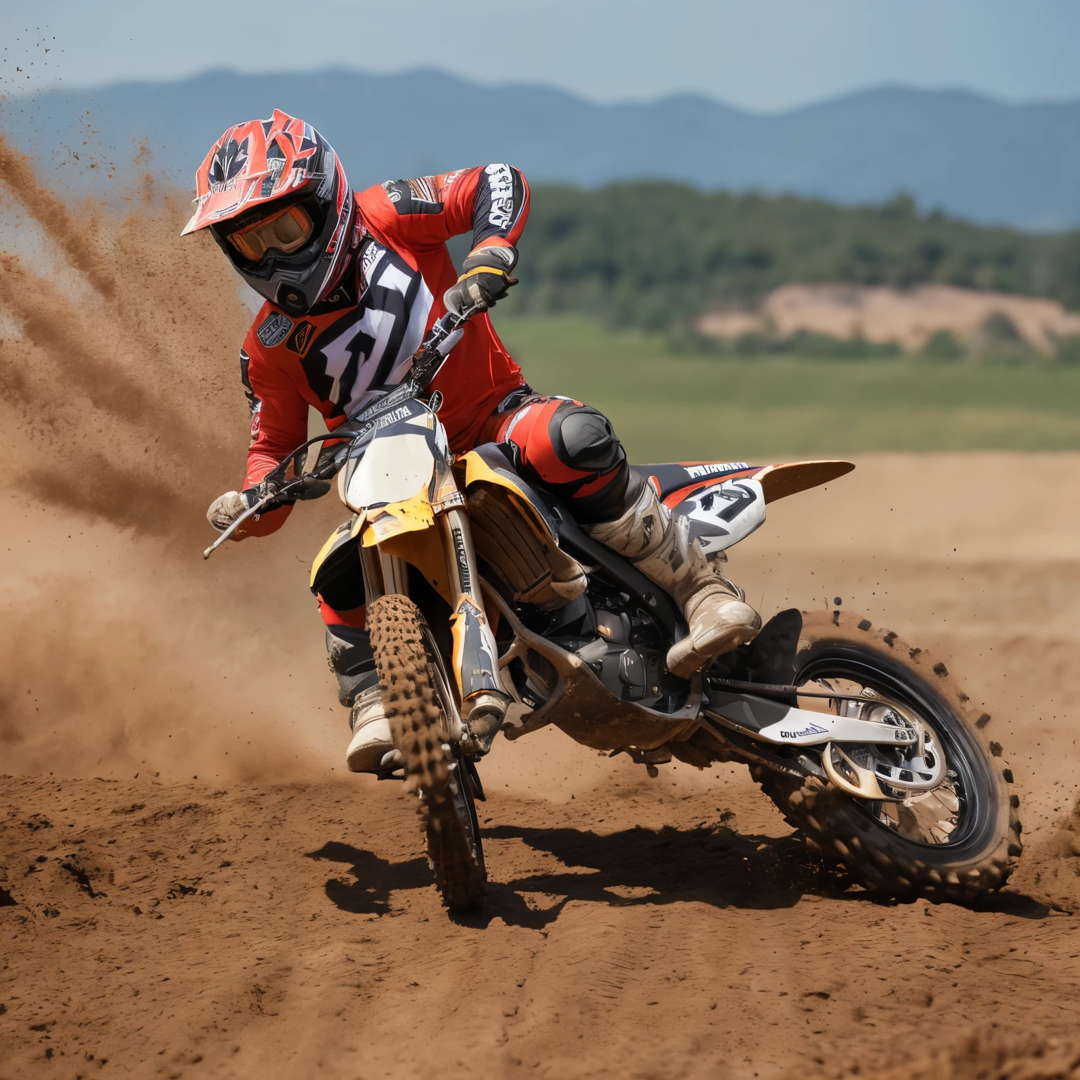 ultrahigh definition image, 4k and 8k resolution, best quality, unparalleled detail:1.2, realistic:1.37, portrait of a fearless motocross rider, age 25, solo, dirt bike rider, baring focused expression, mud-splattered helmet, muscular build, off-road racing:1.1, precision engineering:1.2, fueled by adrenaline:1.7, extreme stunts:1.9, Can-Am branded motorcycle, high-performance:1.6, roaring exhaust:1.4, flying gravel:2.1, fast-paced action:1