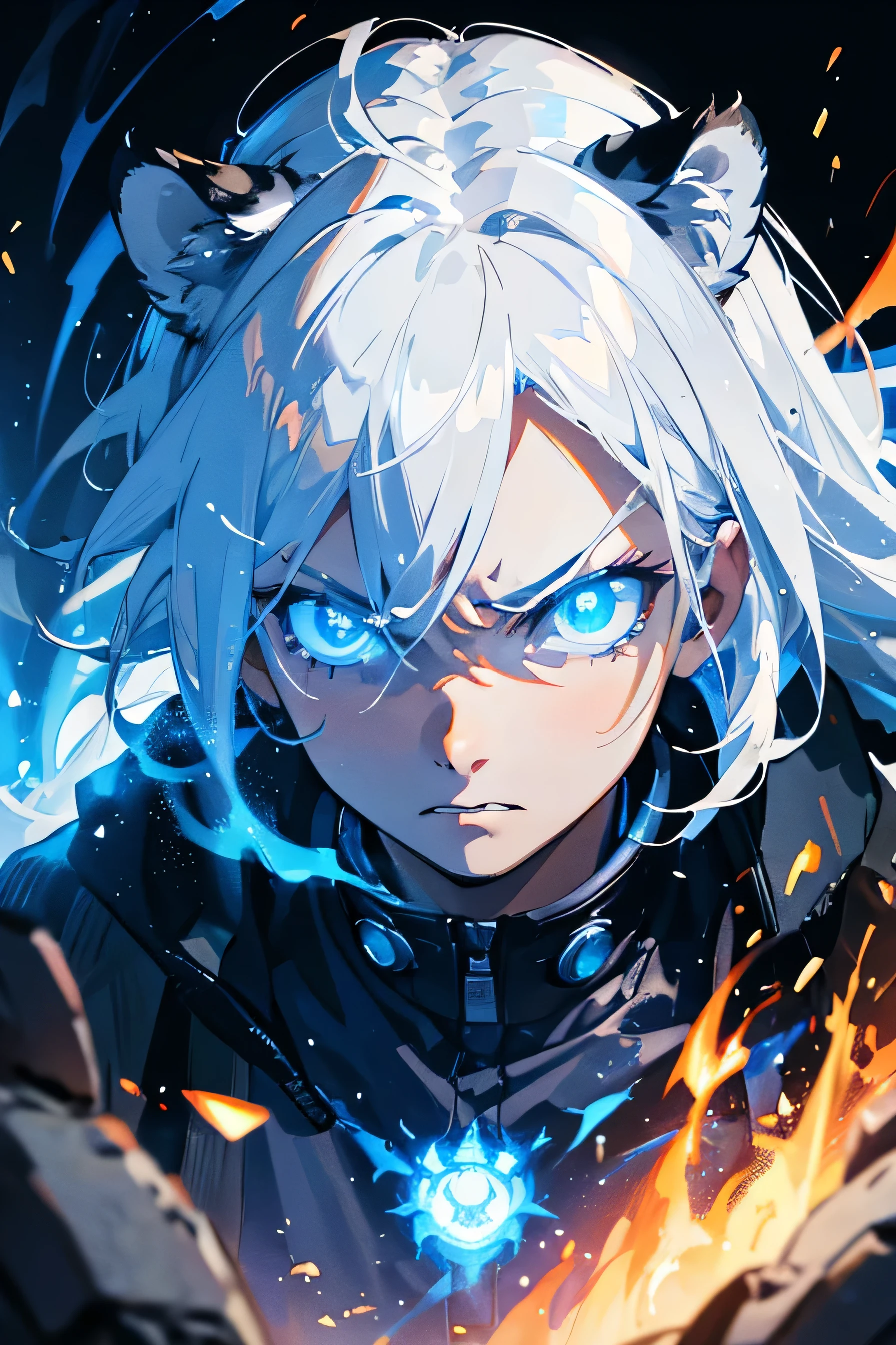 masterpiece, high quality, portrait, anime style, tiger, super close up, angry look, fury, glowing eyes, white hair, blue lightings, blue flames