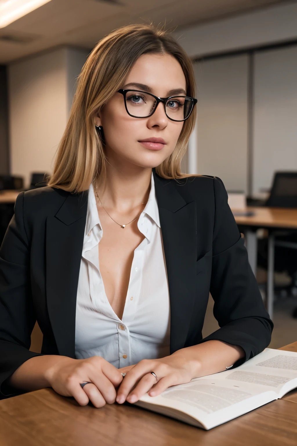 high detail, modern, Realism, Hyperrealism, cinematic lighting, depth of field, UHD, retina, masterpiece, accurate, anatomically correct, textured skin, super detail, high details, high quality, award winning, best quality, highres, 8k, Photo of a cute blonde woman with thick glasses, sitting in an office wear a black suit jacket with buttoned blouse, pleasant atmosphere, american flag on lapel, leaning on desk,