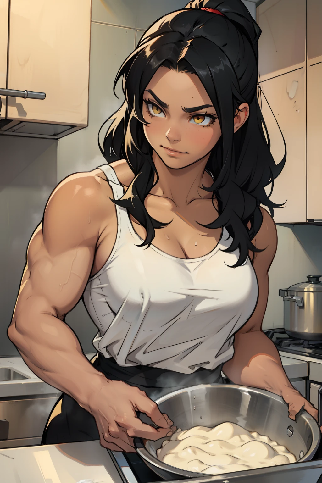 a muscular woman washing dishes black hair yellow eyes