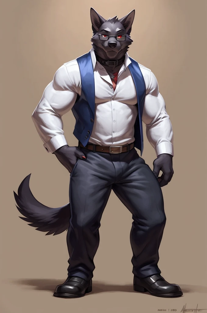 solo:1 vortex:0.8 \(helluva boss\), hellhound, skinny:1, masculine:1.2, black body, grey fur, red sclera, white eyes, male, (correct anatomy):1, solo, bare paws, red eyelids, black pupils, glasses, blue:1 vest, black collar, collared (white shirt):1.4 long sleeves, black pants, belt, by takemoto arashi, by meesh, by Taran Fiddler)