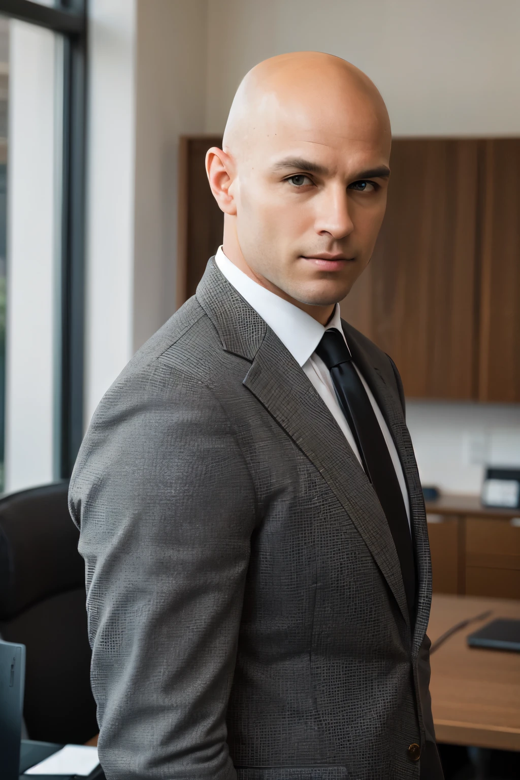 high detail, modern, Realism, Hyperrealism, cinematic lighting, depth of field, UHD, retina, masterpiece, acurate, anatomically correct, textured skin, super detail, high details, high quality, award winning, best quality, highres, 8k, Photo of a cute man with a bald head in an office wear a black suit with black tie, american flag in the background dunkle Beleuchtung,