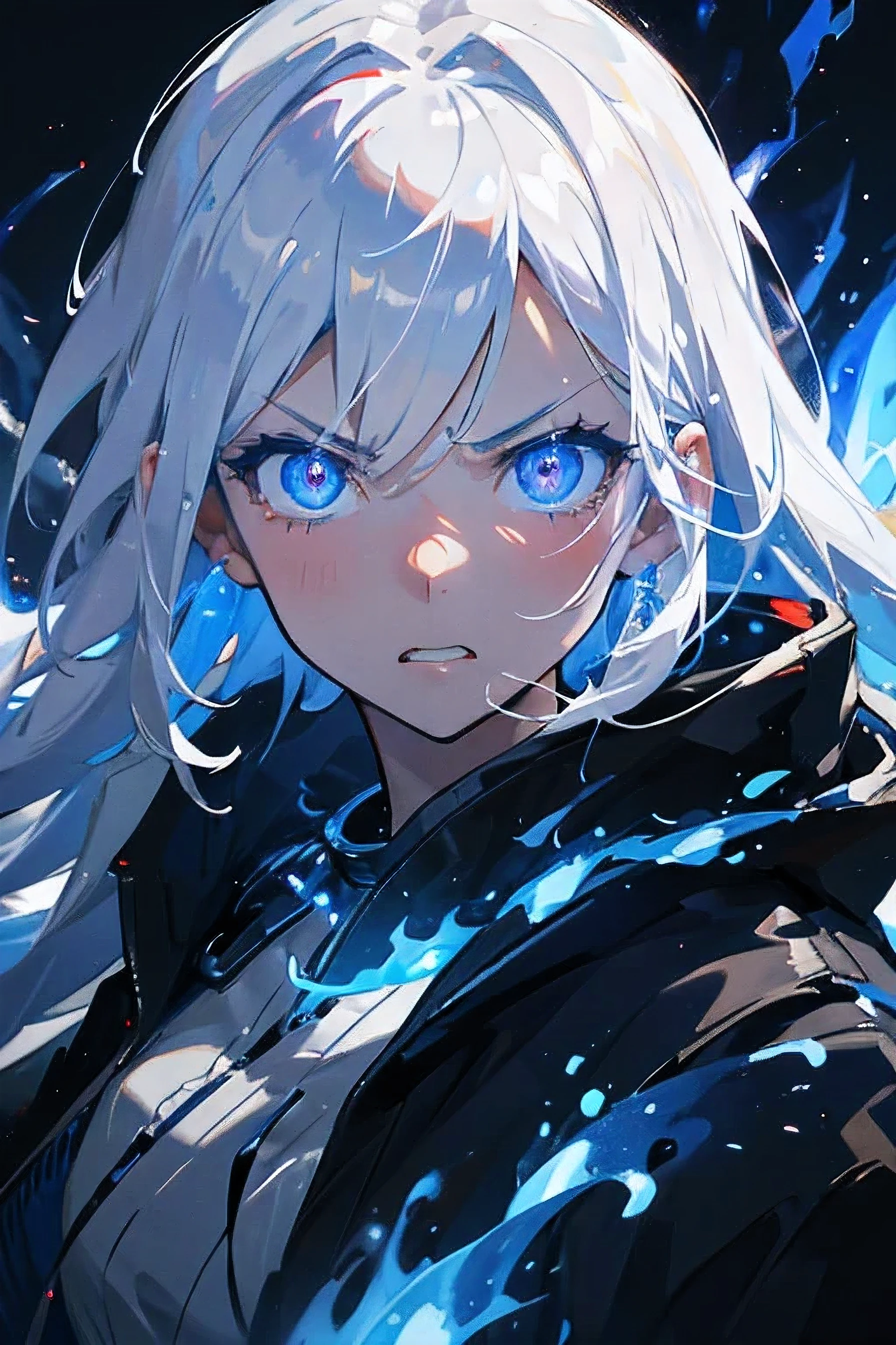 masterpiece, high quality, portrait, anime style, girl, super close up, angry look, fury, glowing eyes, white hair, blue lightings, blue flames