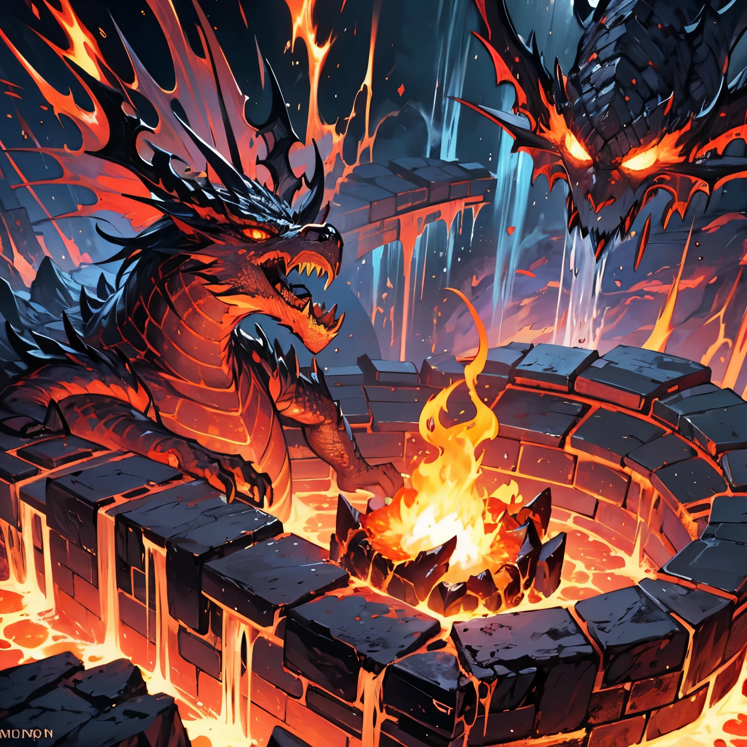 1 dragon, ugly dragon, cartoon, cartoon dragon , anime eyes, funny looking dragon, higher angle, from above, going upwards, sticking out his head, red scales, coming out of lava, lava pool bath, bathing in lava, lava pool, lava bath, hands, dragon hands, torso visible, menacing, screaming dragon, cartoon dragon, facial expression, angry expression, roar, volcanic background