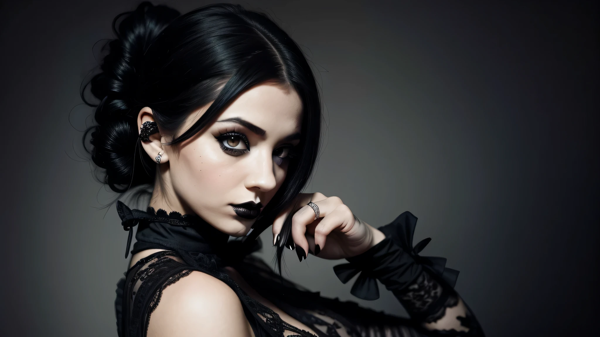 <lora:Chr1st1naR1cc1v10:0.7>  a closeup portrait of a wednesday addams using gothic chic dress, flirting with camera, black lipstick, <lora:morticiaAdams_v11:0.3>