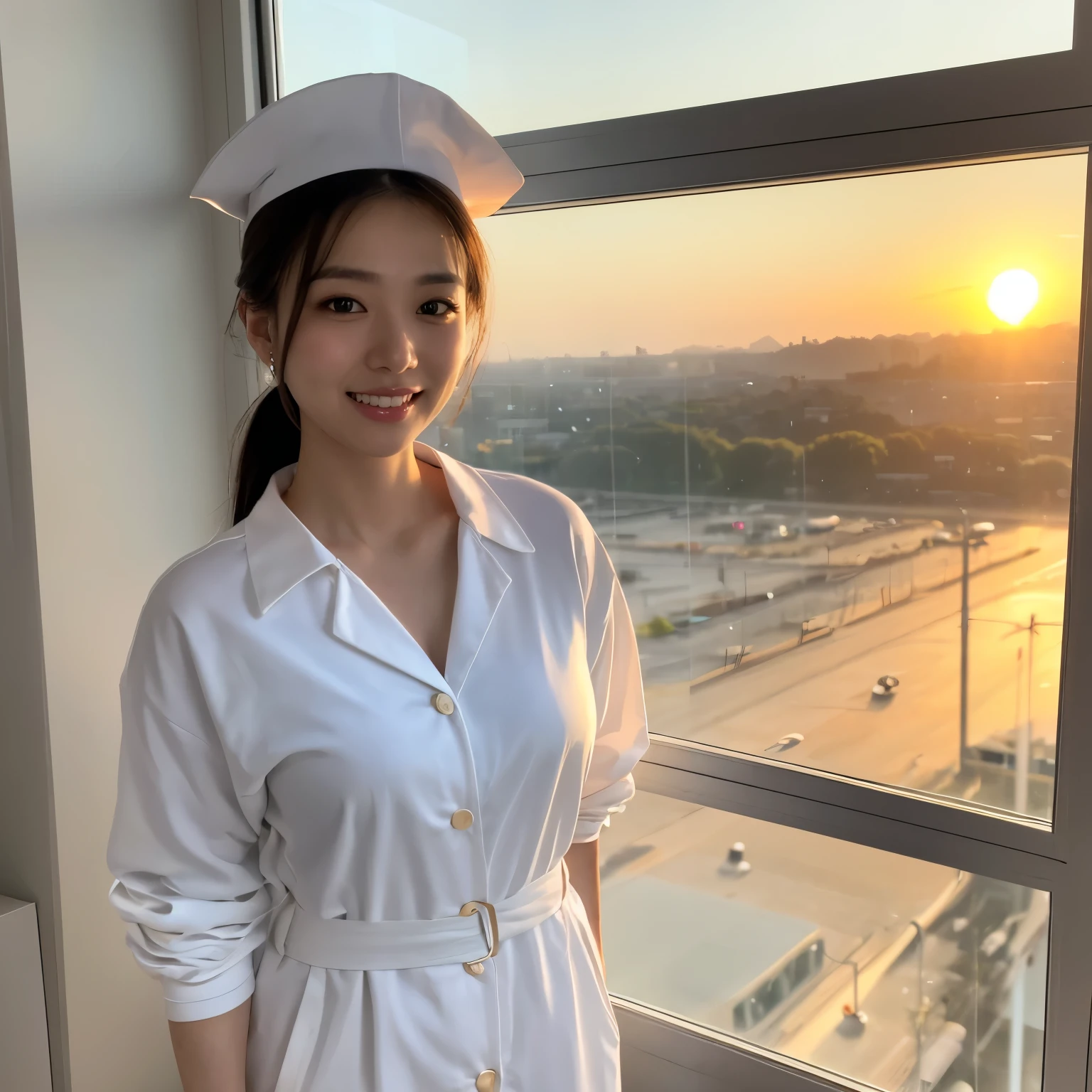 (highest quality、table top、8K、best image quality、Award-winning work)、1 nurse、(solo:1.3)、(The perfect and most natural nurse&#39;s pure white lab coat:1.2)、(A perfect white lab coat made of polyester:1.2)、(Perfect and most natural white plain nurse cap:1.2)、(The most natural and perfectly organized hospital room:1.1)、(A perfectly organized hospital room:1.1)、(The most natural and practical hospital room:1.1)、blurred background、big breasts、emphasize body line、(standing elegantly:1.1)、(close up of face:1.1)、(look at me:1.2)、accurate anatomy、(Beautiful skin shining in the sunset:1.1)、(A hospital room bathed in sunlight:1.1)、(Vibrant and romantic sunset on the background of Naas:1.3)、(A fantastic and romantic sunset:1.2)、(epic movie lighting:1.1)、(romantic evening hospital room:1.1)、Super high-definition glossy skin、Super high-definition sparkling eyes、Super high definition beautiful hair、Super high definition beautiful teeth