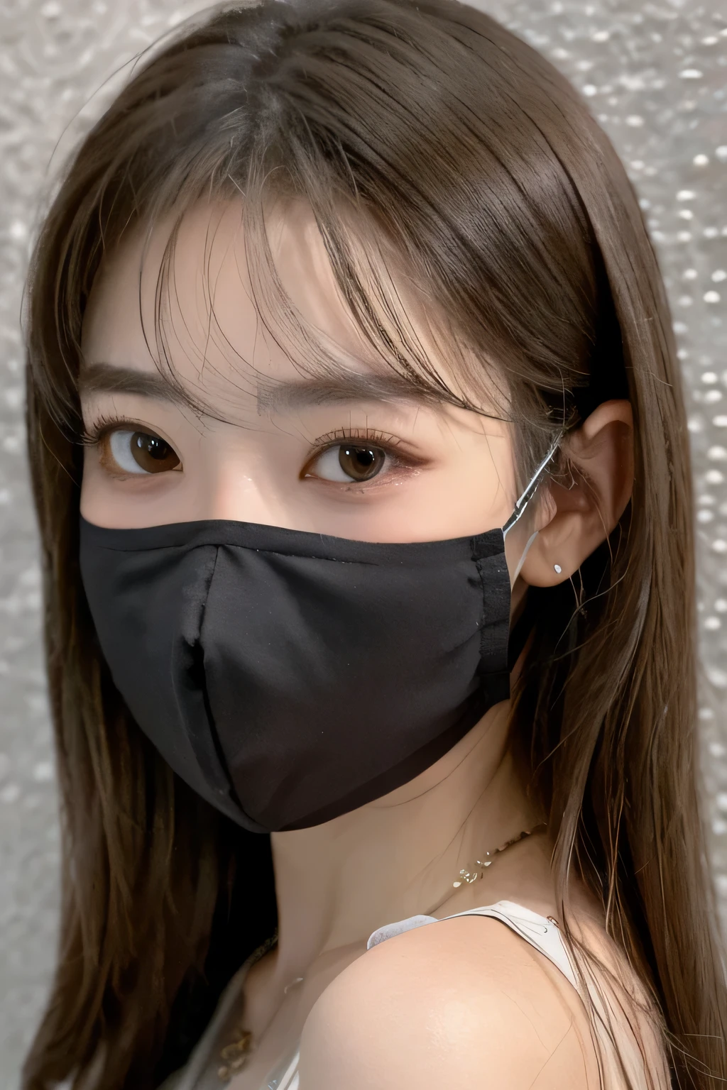 8K, highest quality, masterpiece, ultra high resolution, (realistic: 1.4), Raw photo, realistic skin texture, (film grain: 1.3), 1 girl, Beautifully detailed eyes and face, masterpiece, highest quality, Upper body, japanese idol, Fair skin, mask, natural blurred background, close, Other shots, big, front photo, hide your face on your phone, Face covered, Wearing a mask, necklace around neck、dark eyeliner