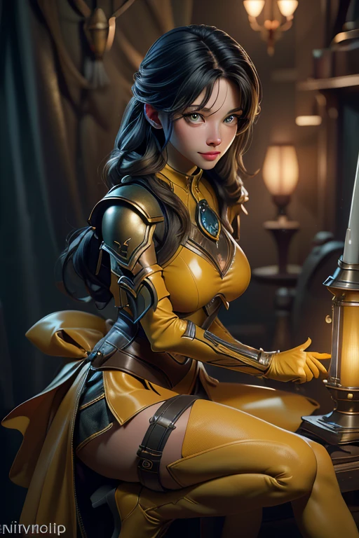 (best quality,8k:1.2,high resolution:1.2),ultra-detalhado,Realistic,space science female,straight long black hair,bangs,rosto extremamente detalhados,long eyelashes,holding a medieval light saber,all sheer light yellow Collant de nylon Apertado,yellow sheer pantyhose, light yellow gloves,light yellow Glossy metalic accessories,Physically-based rendering,sharp focus,studio lighting