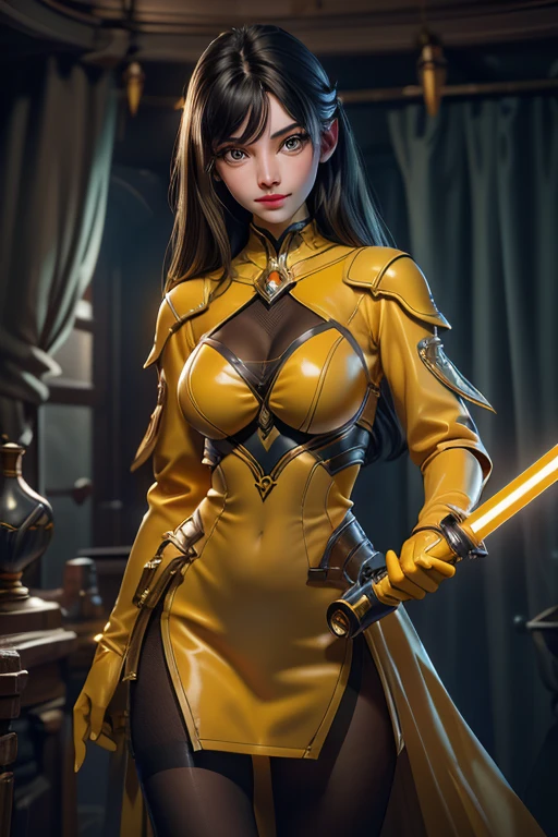 (best quality,8k:1.2,high resolution:1.2),ultra-detalhado,Realistic,space science female,straight long black hair,bangs,rosto extremamente detalhados,long eyelashes,holding a medieval light saber,all sheer light yellow Collant de nylon Apertado,yellow sheer pantyhose, light yellow gloves,light yellow Glossy metalic accessories,Physically-based rendering,sharp focus,studio lighting