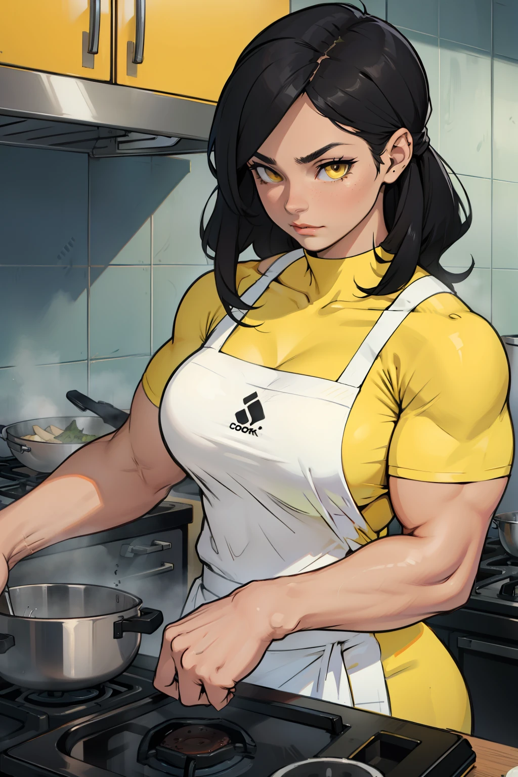a muscular woman cooking black hair yellow eyes
