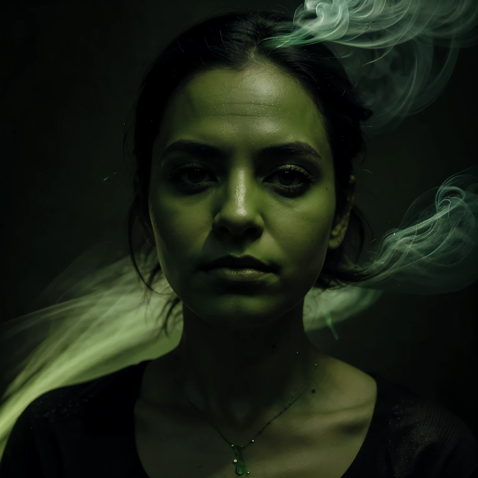 Image with a black background and a green gradient as if it were smoke, com a palavra: "my green" em letras de grafite no fundo