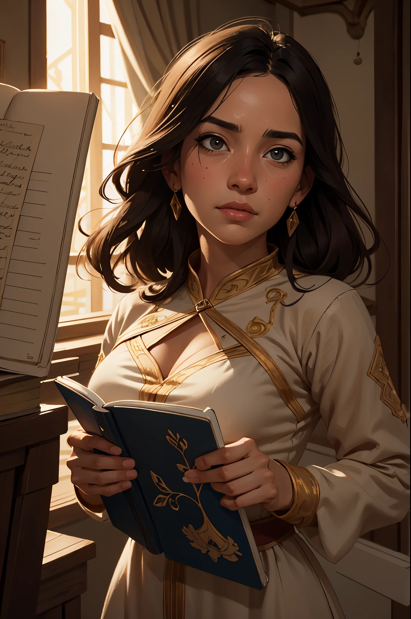 medieval girl writing in her diary, vestido branco, alegre, Have hope, angustiada retrato em close, mar no fundo, vento forte, borboletas voando, intricado, elegante, volumetric lighting, Scenario, pintura digital, altamente detalhado, art station, sharp focus, illustration, arte conceitual, ruan jia, Steve McCurry
