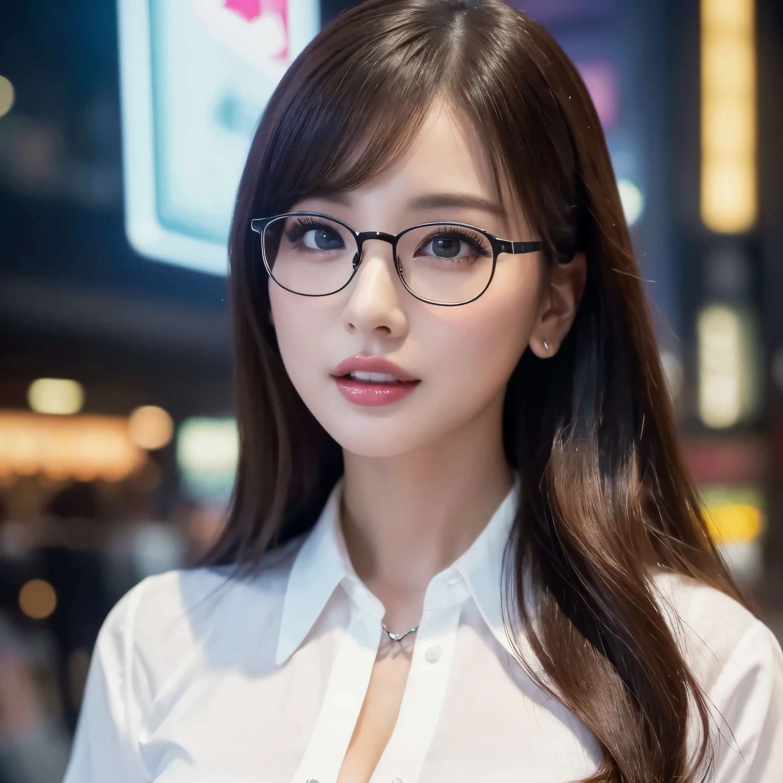 (highest quality、table top、8K、best image quality、Award-winning work)、one beautiful woman、25 years old、perfect beautiful composition、(Classy glasses:1.1)、cleavage、Big breasts that are about to burst、(perfect and accurate white polyester shirt:1.3)、(Stand upright facing forward:1.2)、sexy expression staring at me、perfect makeup、Bewitching、Overflowing sex appeal、glossy and bright lips、accurate anatomy、(close up of face:1.5)、(The most moody and romantic atmosphere:1.1)、(The most romantic blurred night view of Shinjuku city:1.2)、Beautiful face with perfect balance、perfect makeup、Ultra high definition beauty face、ultra high definition hair、Super high resolution moist eyes、(Super high resolution perfect teeth:1.1)、(Super high resolution glossy skin:1.1)、Super high resolution glossy lips