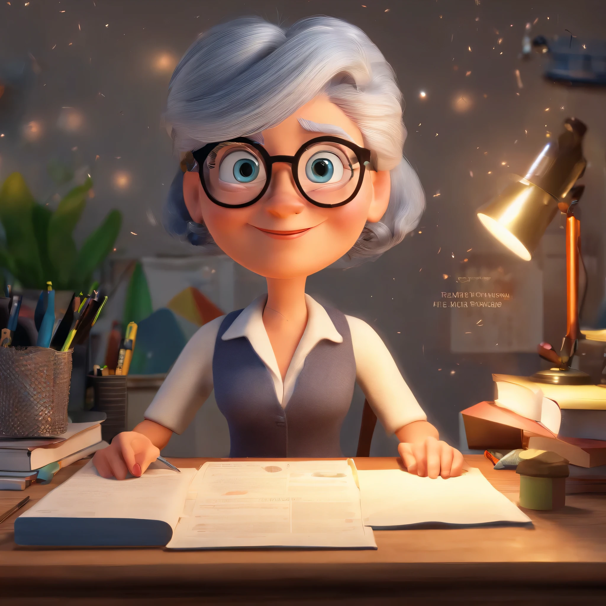 Create a Disney Pixar-inspired poster featuring the character as a gray-haired woman with glasses, in an office with a Bible on the desk