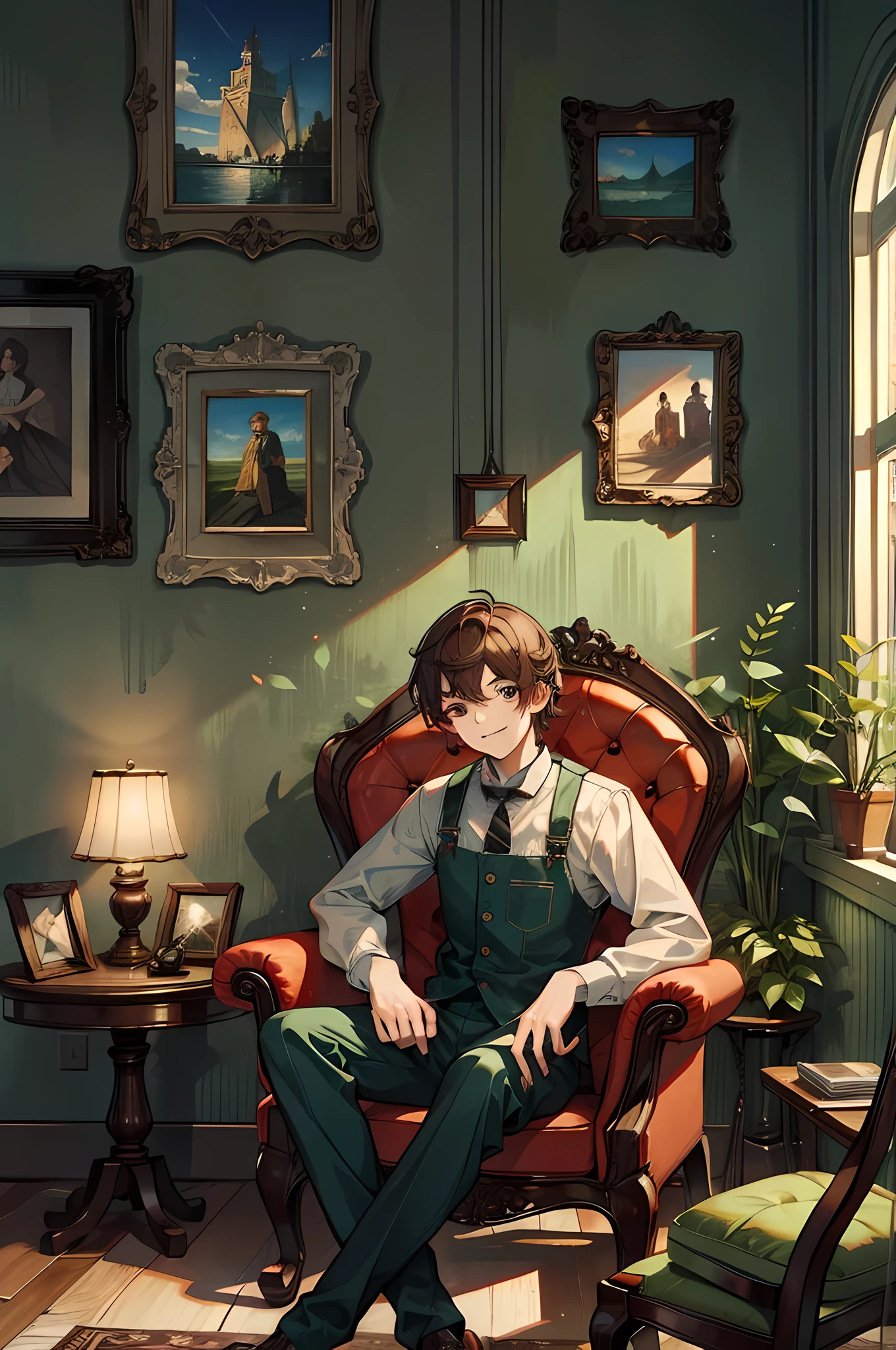 man smiling, looking at viewer, brown hair, sitting on a chair, vintage art, illustration, detailed, in the living room, green wall