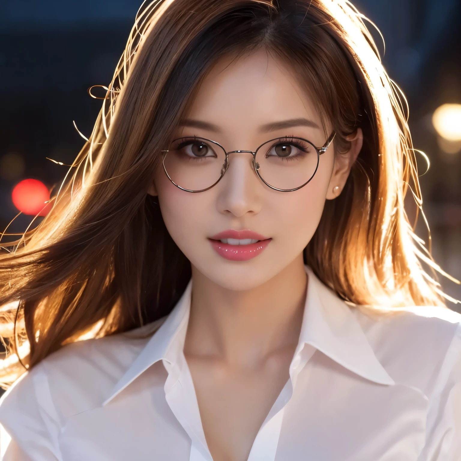 (highest quality、table top、8K、best image quality、Award-winning work)、one beautiful woman、25 years old、perfect beautiful composition、(Classy glasses:1.1)、cleavage、Big breasts that are about to burst、(perfect and accurate white polyester shirt:1.3)、(Stand upright facing forward:1.2)、sexy expression staring at me、perfect makeup、Bewitching、Overflowing sex appeal、glossy and bright lips、accurate anatomy、(close up of face:1.5)、(The most moody and romantic atmosphere:1.1)、(The most romantic blurred red light district night view:1.2)、Beautiful face with perfect balance、perfect makeup、Ultra high definition beauty face、ultra high definition hair、Super high resolution moist eyes、(Super high resolution perfect beautiful teeth:1.1)、(perfect beautiful teeth:1.1)、(Super high resolution glossy skin:1.1)、Super high resolution glossy lips