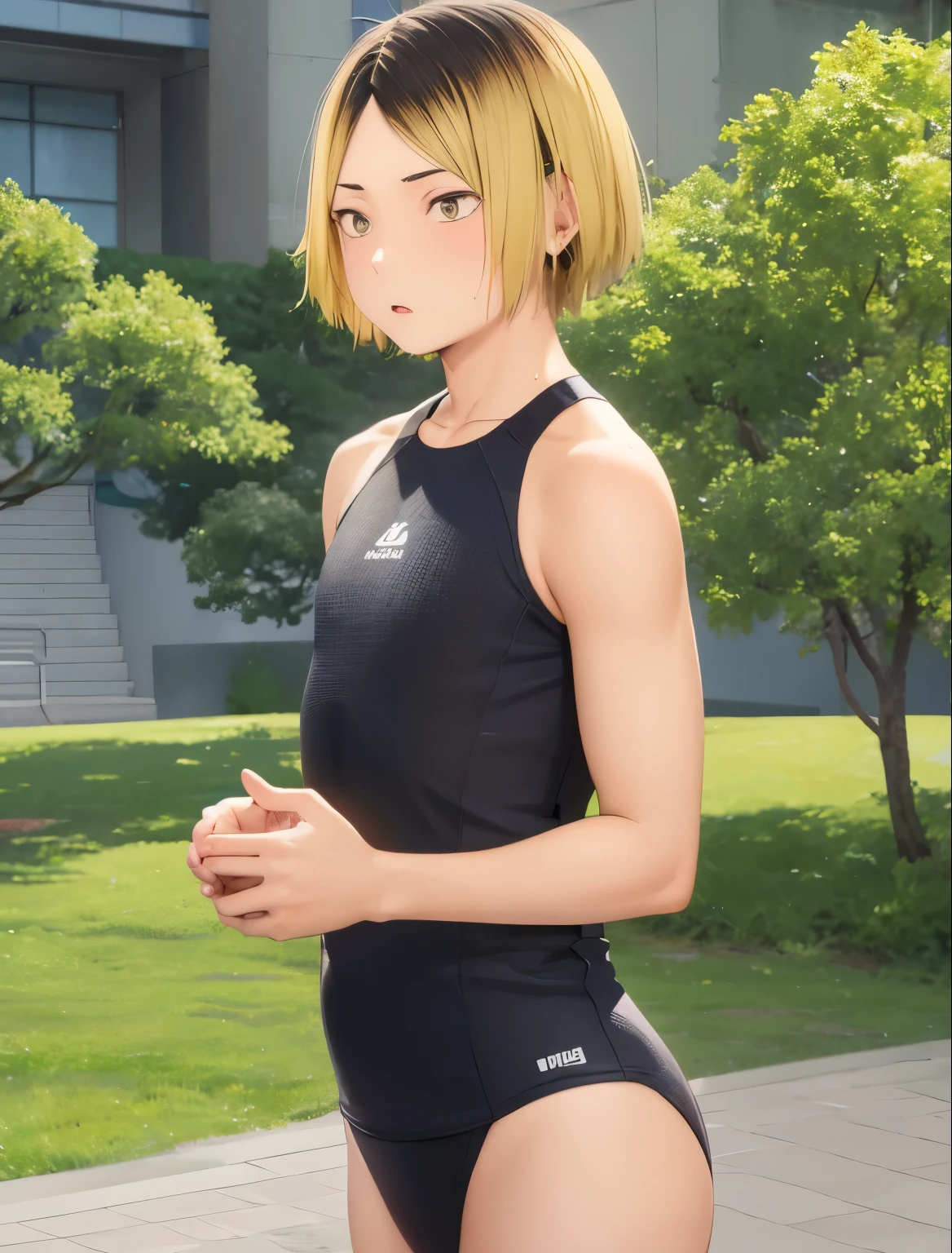 1boy, (Masterpiece, Top Quality, Best Quality), upper-body, blonde hair, black hair, multi-colored hair, очень Tall stature, Tall stature, forehead, toned abs, (swim suit: 1.1), solo, exterior, Park, blue skies, sakura trees, male focus, 8K,Taisho era, rear view, shows ass, butt