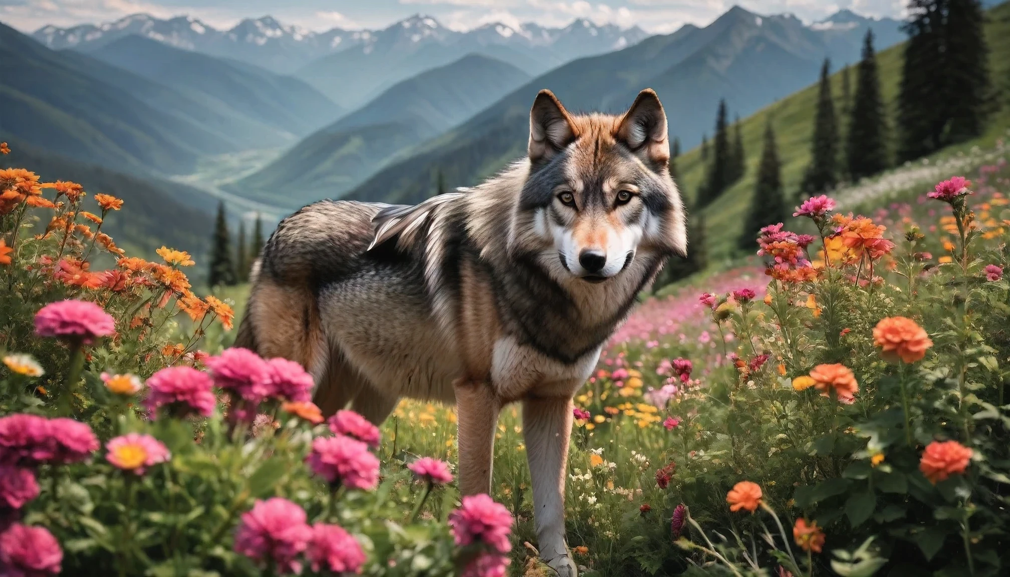 professional photos of a wolf among flowers, mountains in background :: highly detailed,shot on Hasselblad X1D-50c,ISO 100 --ar 3:2 --q 2 --v 4 -