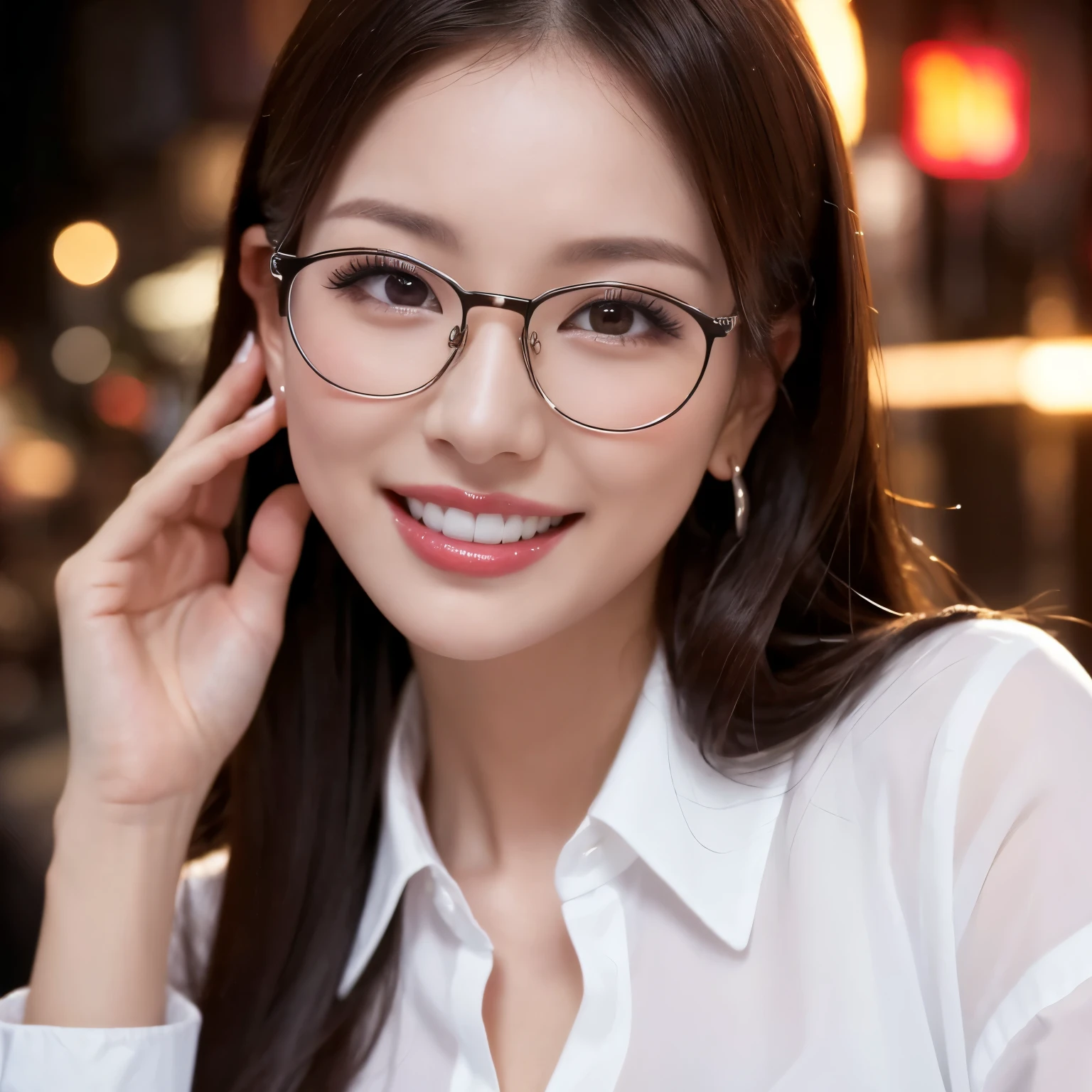 (highest quality、table top、8K、best image quality、Award-winning work)、one beautiful woman、25 years old、perfect beautiful composition、(Classy glasses:1.2)、cleavage、Big breasts that are about to burst、(perfect and accurate white polyester shirt:1.3)、(Stand upright facing forward:1.3)、sexy expression staring at me、perfect makeup、Bewitching、Overflowing sex appeal、glossy and bright lips、accurate anatomy、(close up of face:1.5)、(The most moody and romantic atmosphere:1.1)、(The most romantic blurred red light district night view:1.2)、The moodiest entertainment district、Beautiful face with perfect balance、perfect makeup、Ultra high definition beauty face、ultra high definition hair、Super high resolution moist eyes、(Super high resolution perfect beautiful teeth:1.3)、(perfect beautiful teeth:1.3)、(Super high resolution glossy skin:1.1)、Super high resolution glossy lips