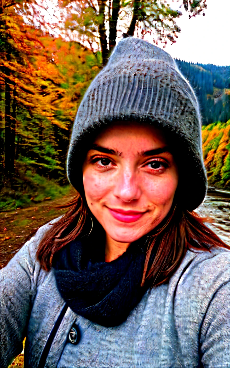 photographier, photo d'une belle femme, Selfie, haut du corps, seulement, porter un pull, en plein air, (nuit), montagnes, Real nature, stars, lune, Joyeux, Heureux, Gants, pull-over, bonnet, forest, rochers, river, bois, smoke, brouillard, regarder le spectateur, Texture de la peau, grain photo, fermer, Photo brute