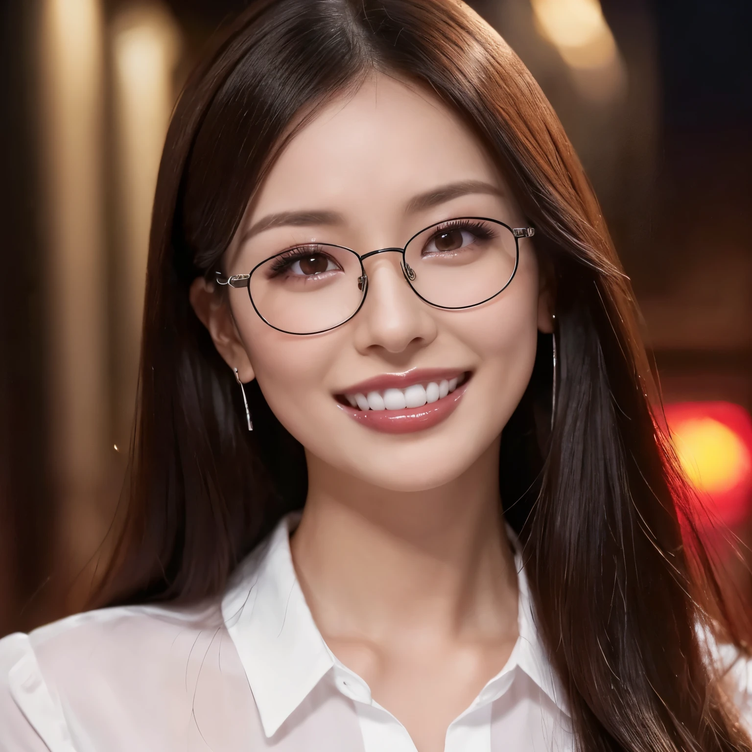 (highest quality、table top、8K、best image quality、Award-winning work)、one beautiful woman、25 years old、perfect beautiful composition、(Classy glasses:1.3)、(perfect and accurate white polyester shirt:1.3)、(Stand upright facing forward:1.3)、sexy expression staring at me、perfect makeup、Bewitching、Overflowing sex appeal、glossy and bright lips、accurate anatomy、(close up of face:1.7)、(The most moody and romantic atmosphere:1.1)、(The most romantic blurred red light district night view:1.2)、The moodiest entertainment district、Beautiful face with perfect balance、perfect makeup、Ultra high definition beauty face、ultra high definition hair、Super high resolution moist eyes、(Super high resolution perfect beautiful teeth:1.3)、(perfect beautiful teeth:1.3)、(Super high resolution glossy skin:1.1)、Super high resolution glossy lips