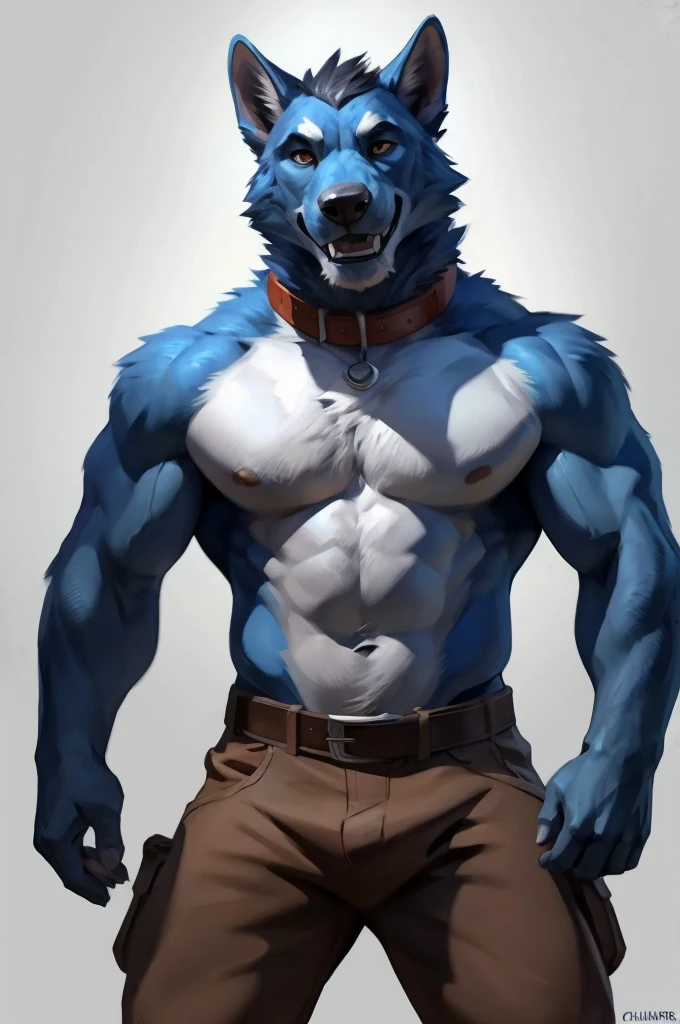 doggiekruger, blue fur, 4k, high resolution, best quality, posted on e621, solo, male, masculine, matured, gruff smile, muscular, (white background, no background:1.2), (by taran fiddler, by chunie:1.0), (detailed face, detailed eyes:1.1), brown eyes, (cel shaded:1.2), cartoony shading, comic color style, belt, sporty pants, collar, front view, half body, speaking mouth