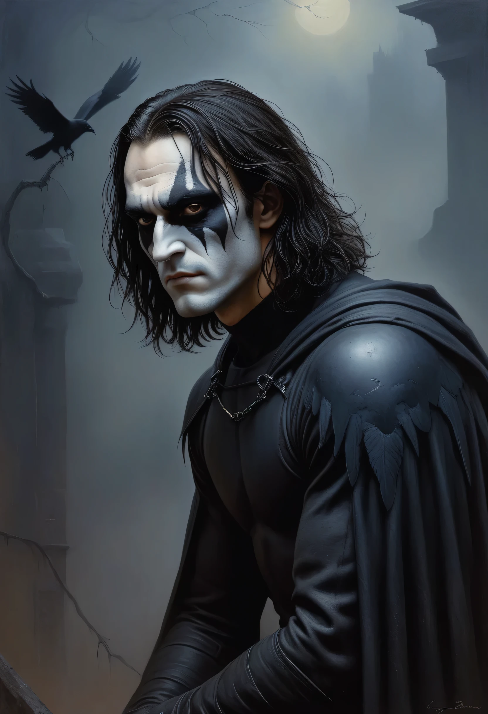 Brandon Lee as the crow - a dark, foggy wall in the background, dark, sinister, gothic, horror, fantasy - oil painting by Gerald Brom