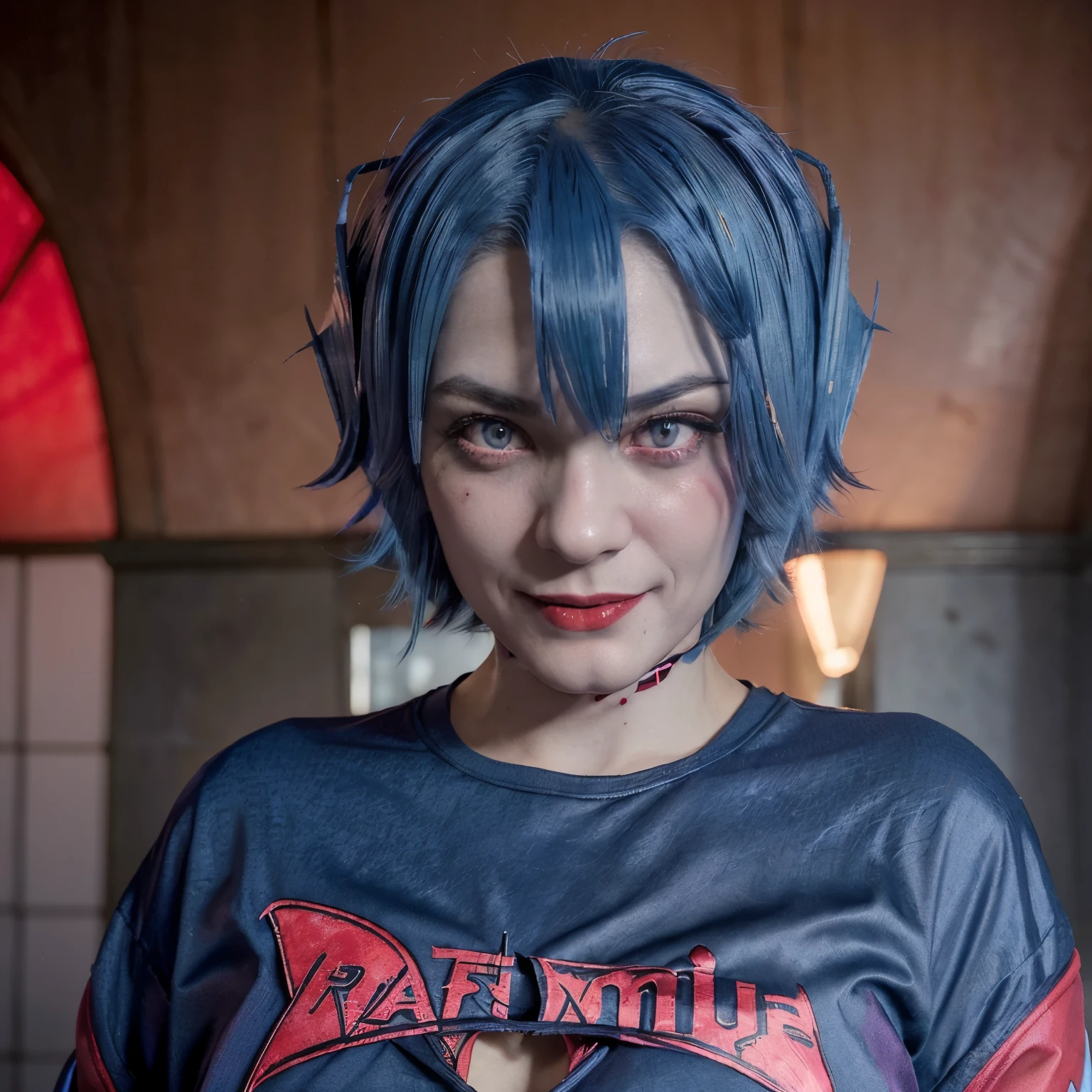 (((remilia scarlet))), (bat wings), (vampire), short hair, (((blue hair))), ((standing)), ((((face close up)))), ((jacket, taut shirt)), evil smile,, hot girls without clothes licking big boops no panty, pink puccy
