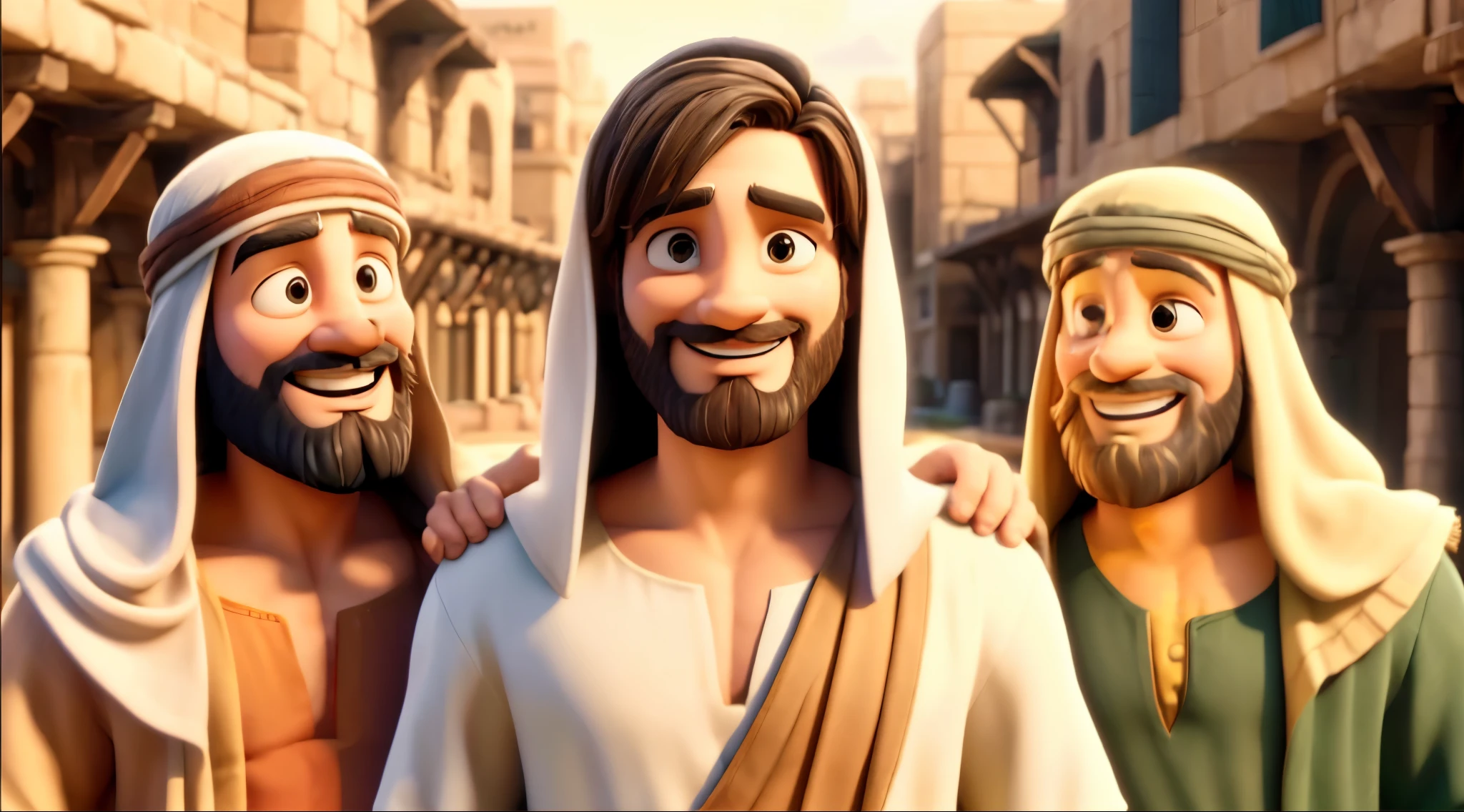 The image depicts Jesus standing in the middle of two smiling men, with a cityscape in the background. The men are bearded and wearing green, brown, and yellow robes. Jesus is wearing a white robe and has a big smile on his face. The sky is blue, and there are yellow details on the robes, dall e 3 pixar art style