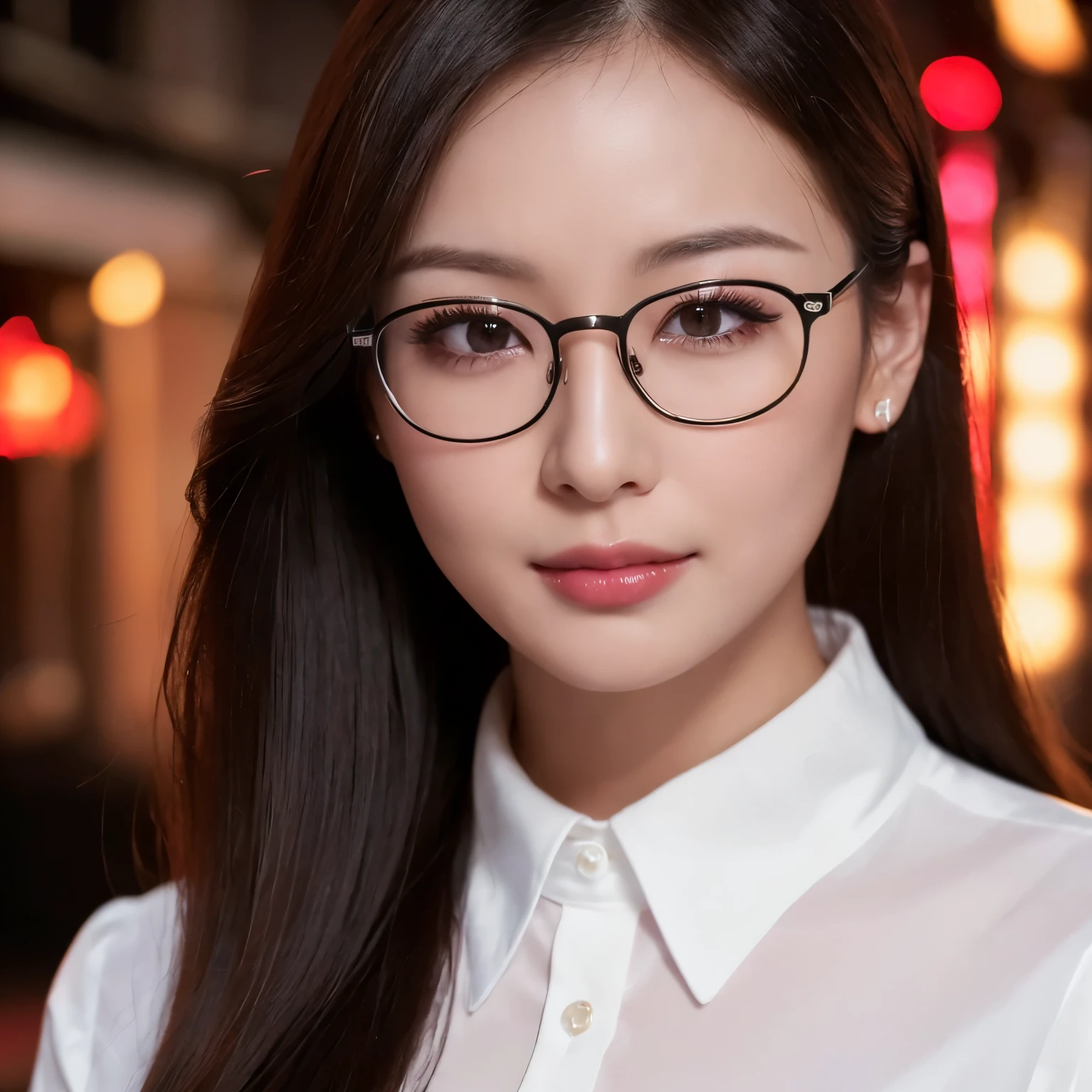 (highest quality、table top、8K、best image quality、Award-winning work)、one beautiful woman、25 years old、perfect beautiful composition、(Classy glasses:1.3)、(perfect and accurate white polyester shirt:1.3)、(Stand upright facing forward:1.3)、A slight smile staring at me、perfect makeup、Bewitching、Overflowing sex appeal、glossy and bright lips、accurate anatomy、(close up of face:1.7)、(The most moody and romantic atmosphere:1.1)、(The most romantic blurred red light district night view:1.2)、The moodiest entertainment district、Beautiful face with perfect balance、perfect makeup、Ultra high definition beauty face、ultra high definition hair、Super high resolution moist eyes、(completely closed lips:1.2)、(Super high resolution glossy skin:1.1)、(Glossy and perfect lips in ultra-high resolution:1.1)