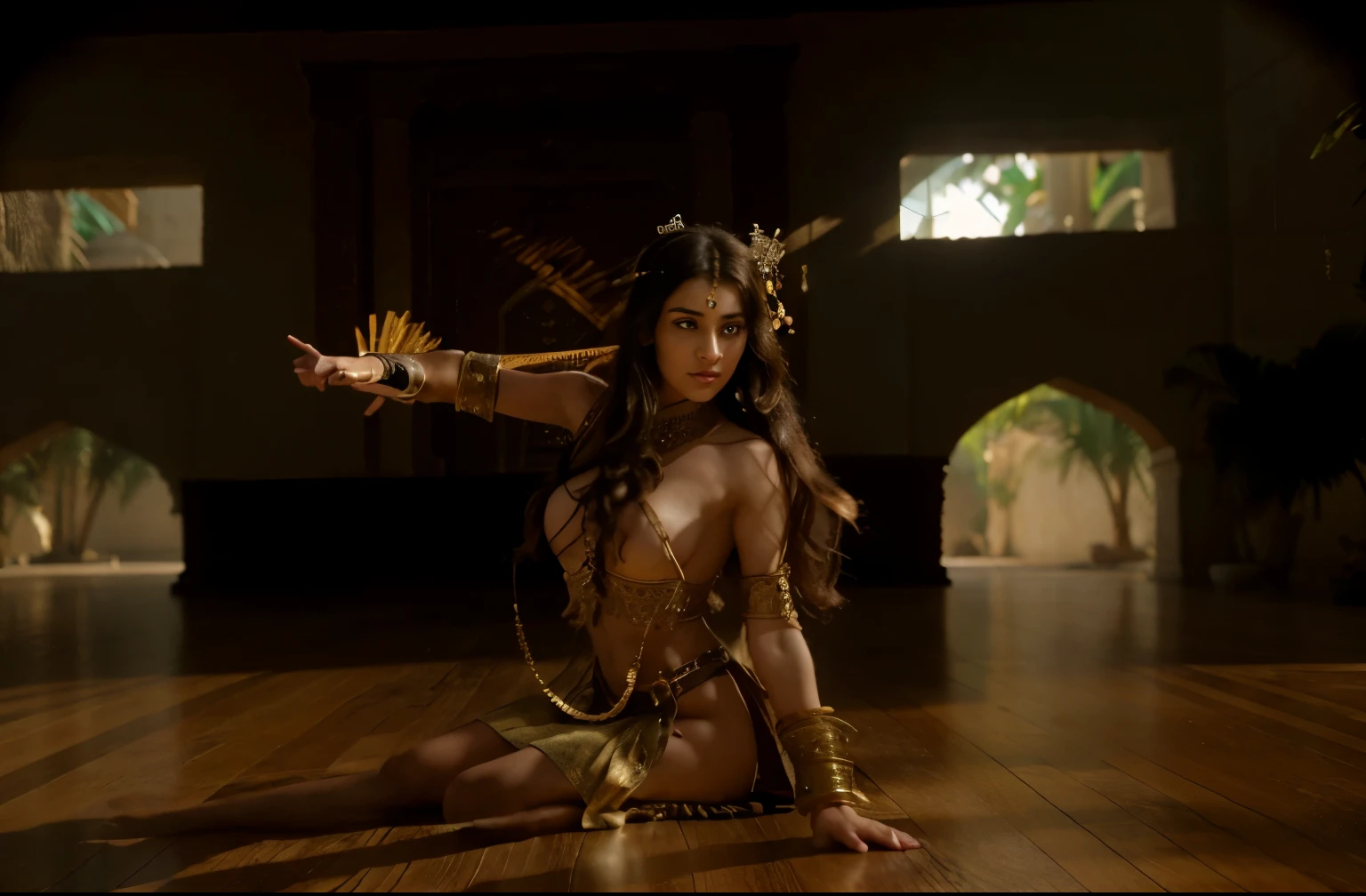 (Best quality, 8k, 32k, Masterpiece, UHD:1.2) , "Transform the image into a magnificent Middle Eastern palace adorned with opulent decorations, intricate carvings, and vibrant colors. Draw inspiration from the grandeur and elegance of the Desert Palace of Sumeru from Genshin Impact to create a scene filled with splendor and wonder.
Start by depicting the exterior of the palace, showcasing its majestic architecture and imposing presence. Render the walls and domes of the palace with intricate designs and patterns, reflecting the rich cultural heritage of the region. Incorporate elements of traditional Middle Eastern architecture, such as arched doorways, ornate columns, and intricately tiled facades.
Fill the surroundings with lush vegetation and exotic flora, adding to the oasis-like atmosphere of the palace grounds. Include towering palm trees, blooming gardens, and cascading fountains to create a sense of tranquility and abundance.
Illuminate the scene with warm sunlight streaming through the windows and casting soft shadows on the palace walls. Use dynamic lighting to accentuate the intricate details of the architecture and enhance the overall visual impact of the scene.
Envision the interior of the palace as a sumptuous sanctuary filled with luxurious furnishings, precious artifacts, and exquisite works of art. Render ornate carpets, gilded furnishings, and elaborate tapestries to convey the opulence of the palace's interiors.
Include elements of magical realism to evoke the mystical allure of the Desert Palace of Sumeru. Incorporate subtle hints of ancient mysticism and arcane symbols, hinting at the palace's connection to the elemental forces of the desert.
Finally, infuse the scene with a sense of wonder and majesty, capturing the imagination of the viewer and transporting them to a realm of fantasy and enchantment. Let the beauty and grandeur of the Middle Eastern palace inspire awe and admiration, inviting viewers to explore its rich history and hidde