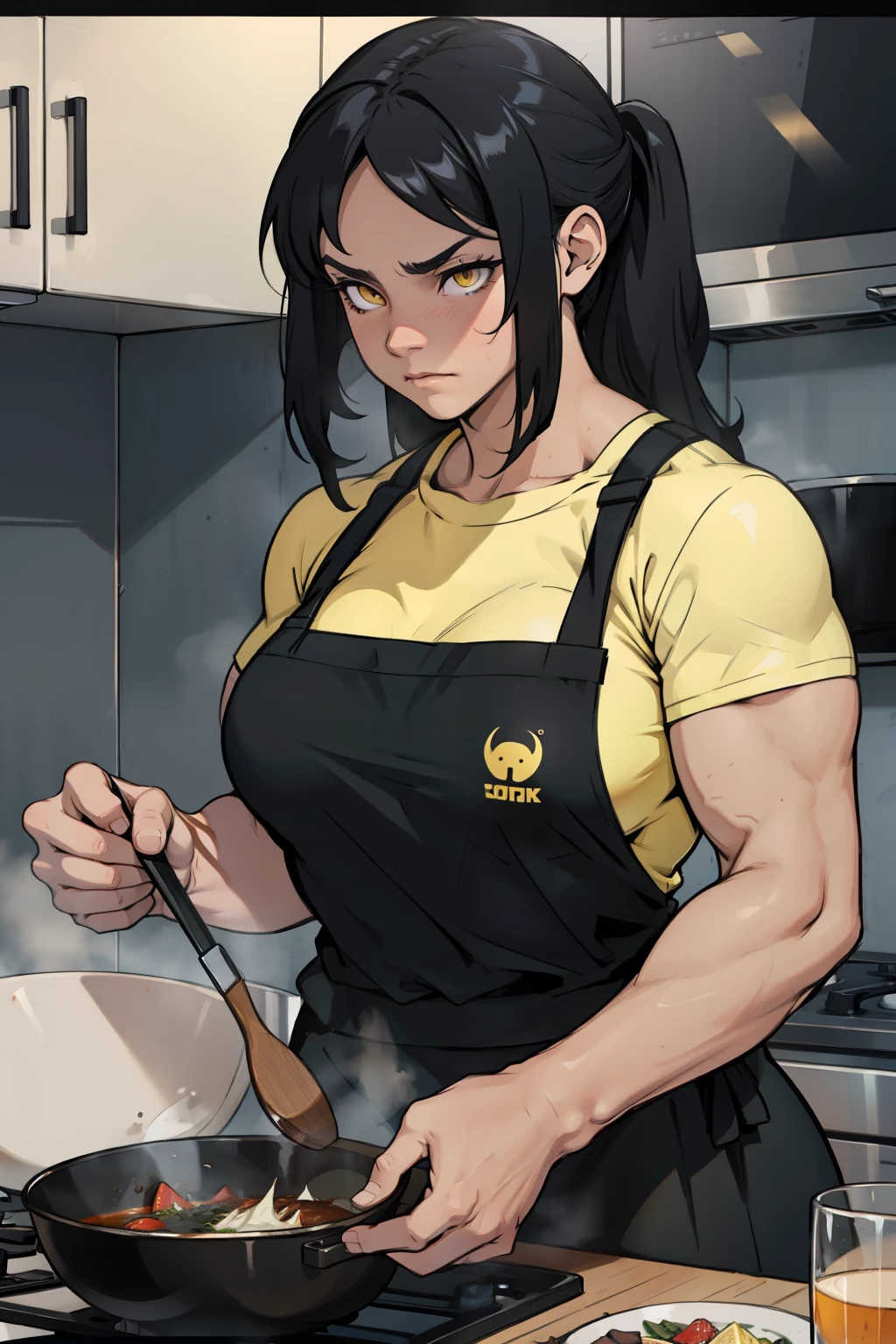 a muscular woman cooking black hair yellow eyes sad