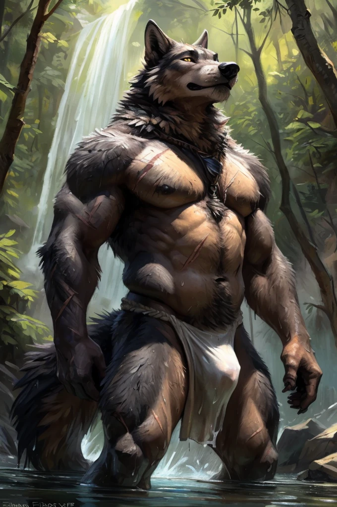 ((standing in the water)), take a bath, 4k, high resolution, best quality, perfect colors, perfect shadows, perfect lighting, bright fill light, (low-angle shot:1.2), posted on e621, furry body, solo, anthro wolf, male, tan belly fur, adult, ( buff, massive, huge, manly, masculine, heavyweight:1.4),((fully naked body)), wet , lube , tribal ,wet cloth, small white fundoshi, bulge,  , sweat, wet fur, flowing line of precum to the ground, ((correct anatomy)), (photorealistic fur, detailed fur, scars, epic, masterpiece:1.2), detailed forest background, forest, water steam, waterfall, warm tone, wolf tail, (by Taran Fiddler, colored by Kenket), (detailed wolf eyes:1.2), handsome face, attractive cool aroused face.