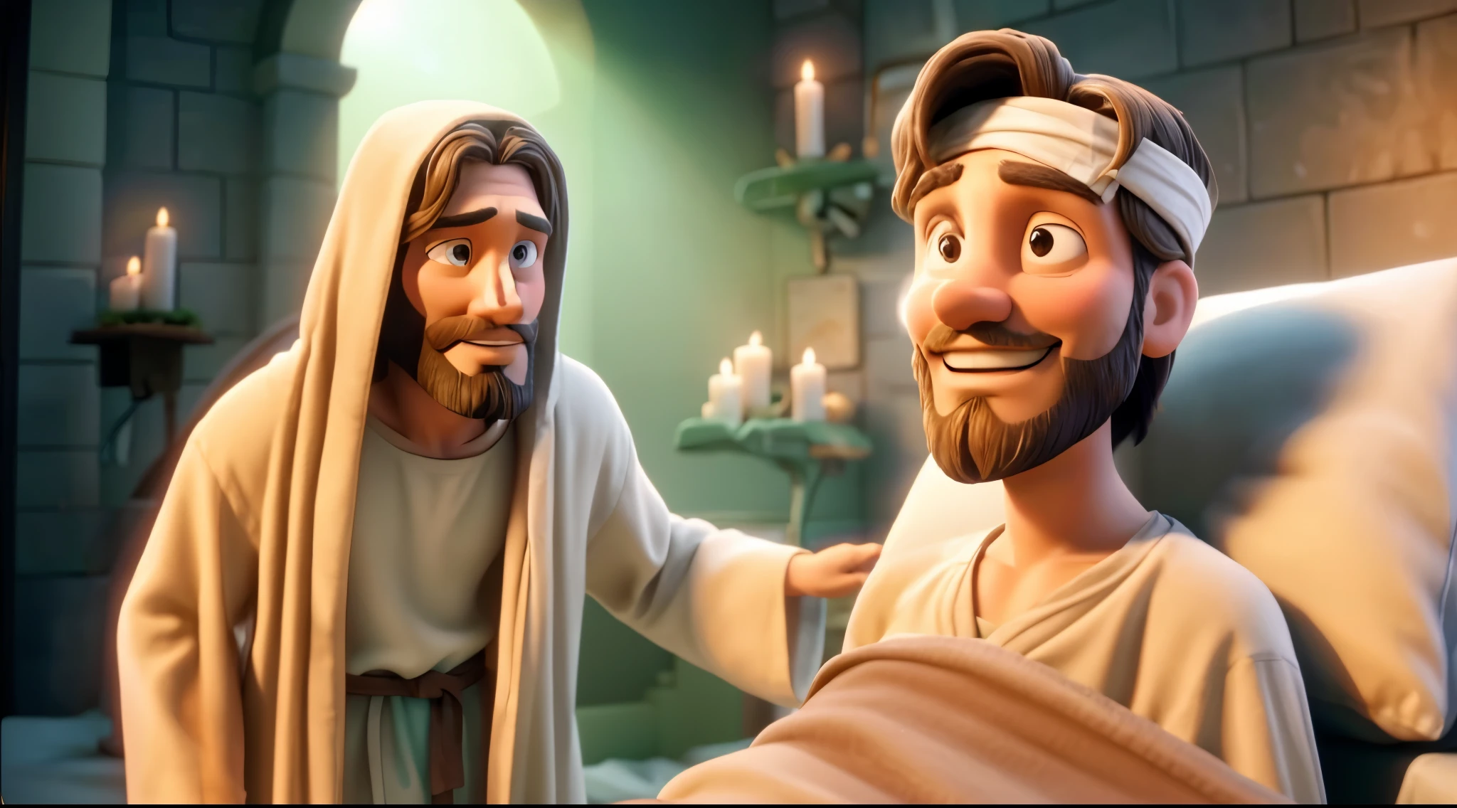 In this scene, Jesus is standing next to a sick man in a hospital bed. They are both smiling. There are several candles lit in the background. Jesus has a beard and is wearing a robe. The sick man has a bandage around his head. The room has a warm, cozy feel with its dim lighting and soft, earth-toned colors.