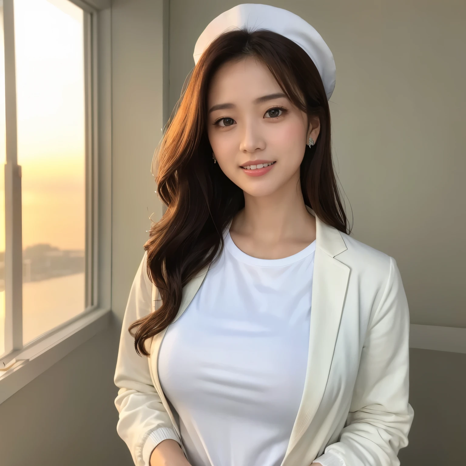 (highest quality、table top、8K、best image quality、Award-winning work)、1 nurse、(solo:1.2)、(The perfect and most natural nurse&#39;s pure white lab coat:1.2)、(A perfect white lab coat made of polyester:1.2)、(Perfect and most natural white plain nurse cap:1.2)、The most natural and perfectly organized hospital room、A perfectly organized hospital room、The most natural and practical hospital room、blurred background、big breasts、emphasize body line、(standing elegantly:1.1)、(close up of face:1.1)、(look at me:1.2)、accurate anatomy、(Beautiful skin shining in the sunset:1.1)、(Vibrant and romantic sunset on the background of Naas:1.3)、(A fantastic and romantic sunset:1.2)、(epic movie lighting:1.1)、(romantic evening hospital room:1.1)、Super high-definition glossy skin、Super high-definition sparkling eyes、Super high definition beautiful hair、Super high definition beautiful teeth