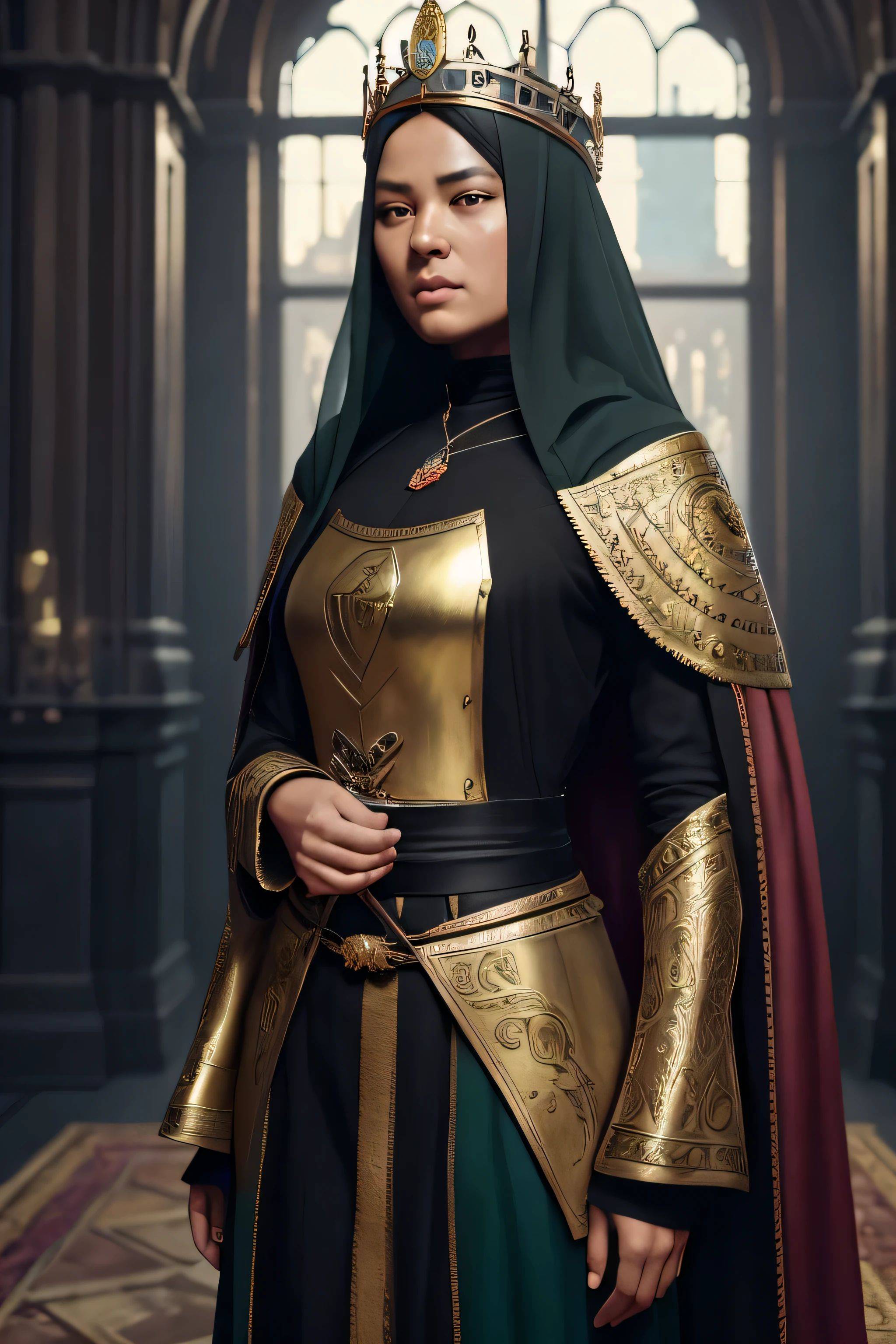 model shooting style, (Highly detailed CG Unity 8K wallpaper), full body photos of the world'The most beautiful artwork, medieval queen, green veil, black skin, black woman, golden crown, diamond, Medieval architecture, Professional majestic oil painting by Ed Blinky, liver gailan, Studio Ghibli, Author Jeremy Mann, Greg Mantis, Antonio Moro, Trends in Artstation, trending on cgsociety, Complex, high detail, sharp focus, dramatic, Realistic Painting Art by Midjourney and Greg Rutkowski