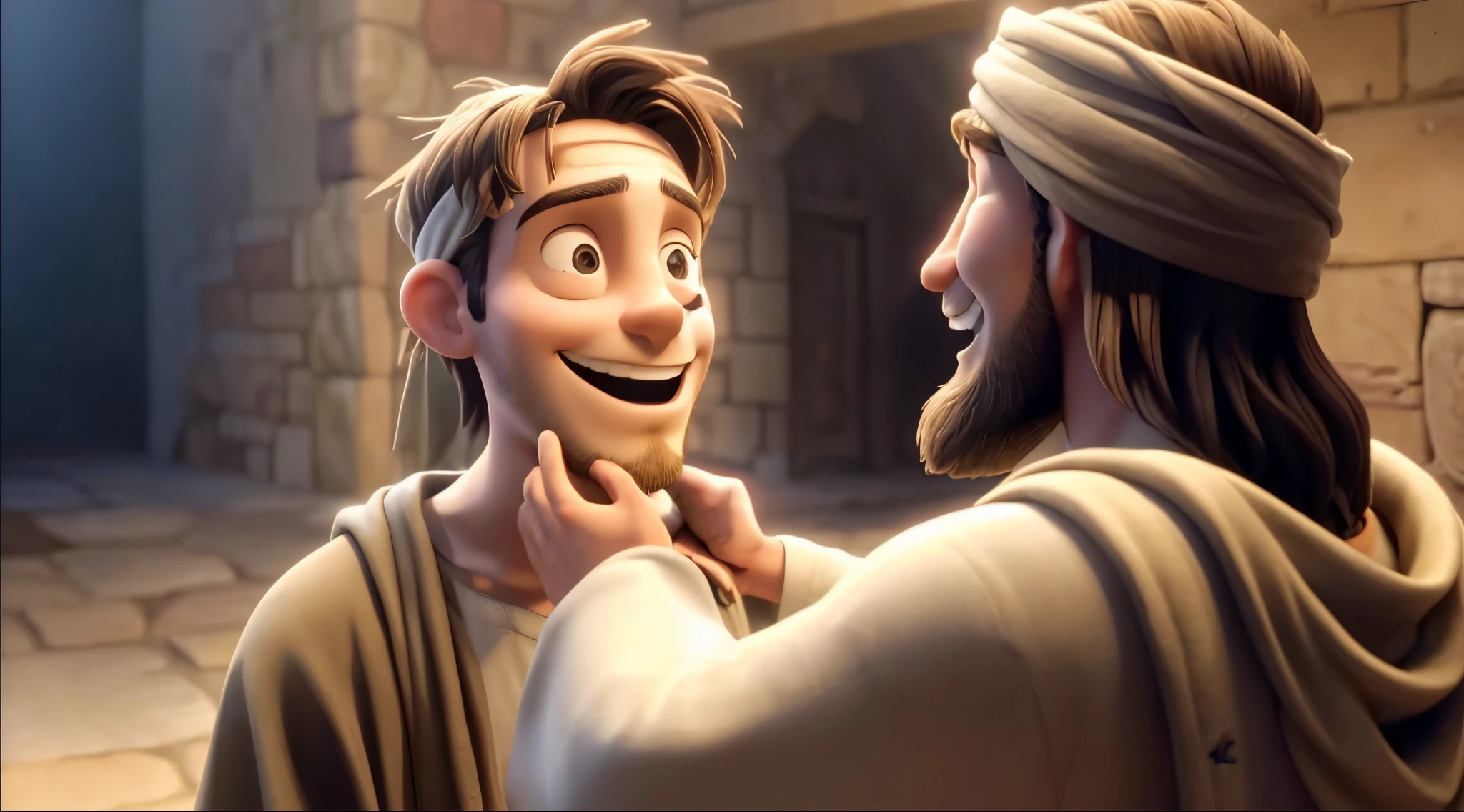 In this image, Jesus is smiling and placing a hand on the shoulder of a young man who is also smiling. The young man has a large head band around his forehead. They are both wearing robes and the young man has a beard. The background is a brick hallway.