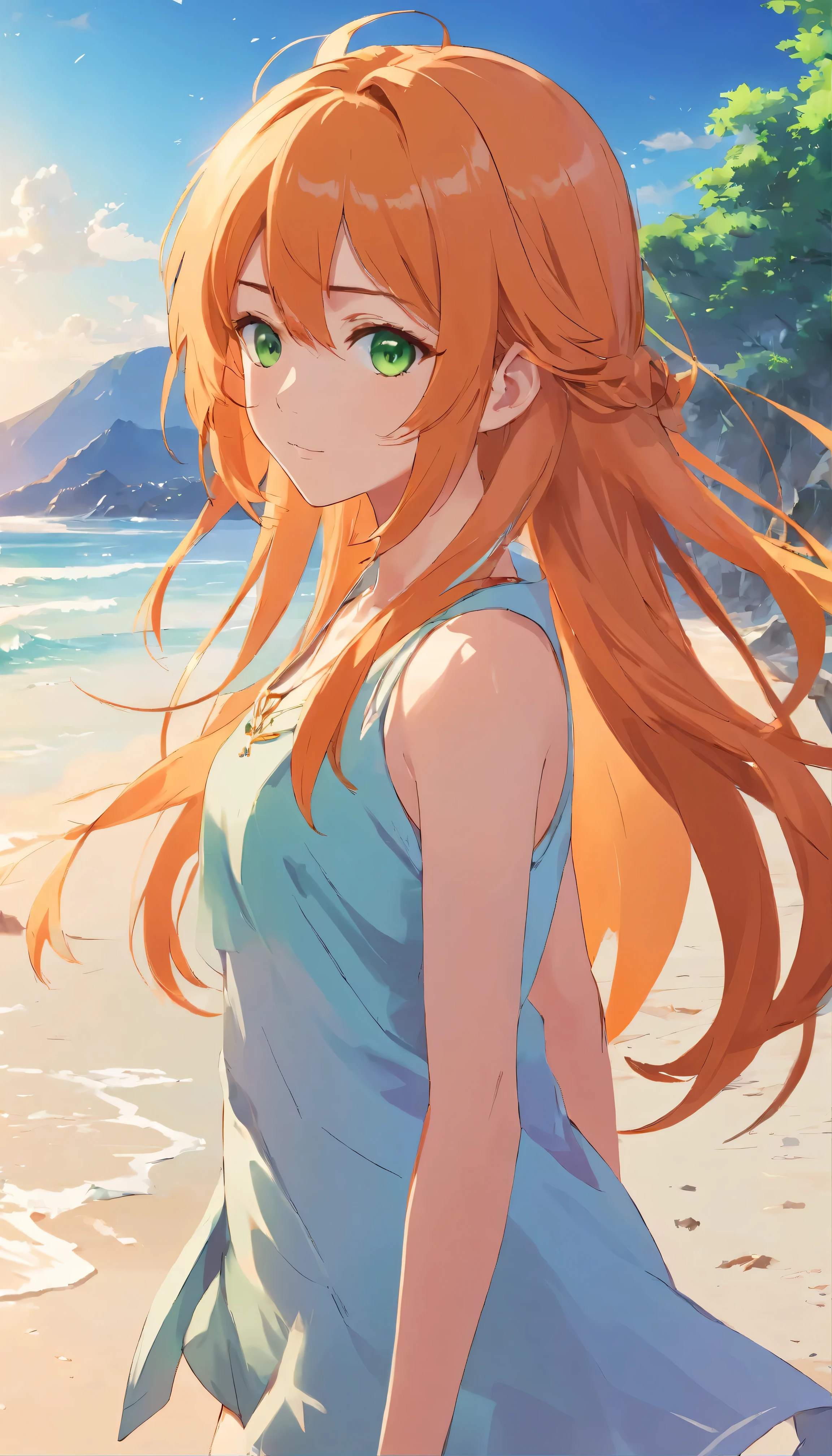 Anime girl with long orange hair, standing on the beach near the ocean, green eyes detailed digital anime art, Anime girl with long hair, гладкое аниме cg art, Anime girl with long hair, digital anime art, work in Guweiz style, Beautiful anime portrait, Photorealistic render of an anime girl, Beautiful anime girl, advanced digital anime art, guweiz на artstation pixiv HD UHD HQ