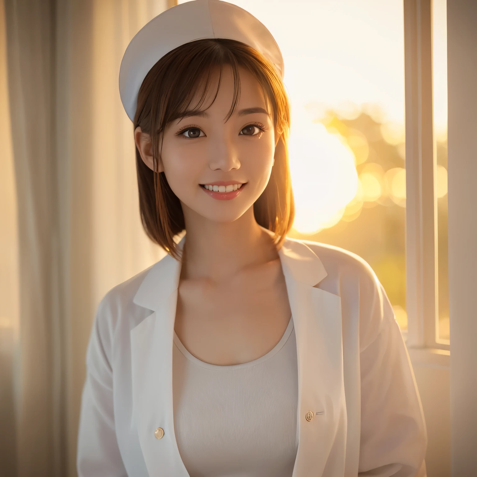 (highest quality、table top、8K、best image quality、Award-winning work)、1 nurse、(solo:1.2)、(The perfect and most natural nurse&#39;s pure white lab coat:1.2)、(A perfect white lab coat made of polyester:1.2)、(Perfect and most natural white plain nurse cap:1.2)、The most natural and perfectly organized hospital room、A perfectly organized hospital room、The most natural and practical hospital room、blurred background、big breasts、emphasize body line、(standing elegantly:1.1)、(close up of face:1.1)、(look at me:1.2)、accurate anatomy、(Beautiful skin shining in the sunset:1.1)、(A vivid and romantic sunset shining through the window:1.3)、(A fantastic and romantic sunset:1.2)、(epic movie lighting:1.1)、(romantic evening hospital room:1.1)、Super high-definition glossy skin、Super high-definition sparkling eyes、Super high definition beautiful hair、Super high definition beautiful teeth