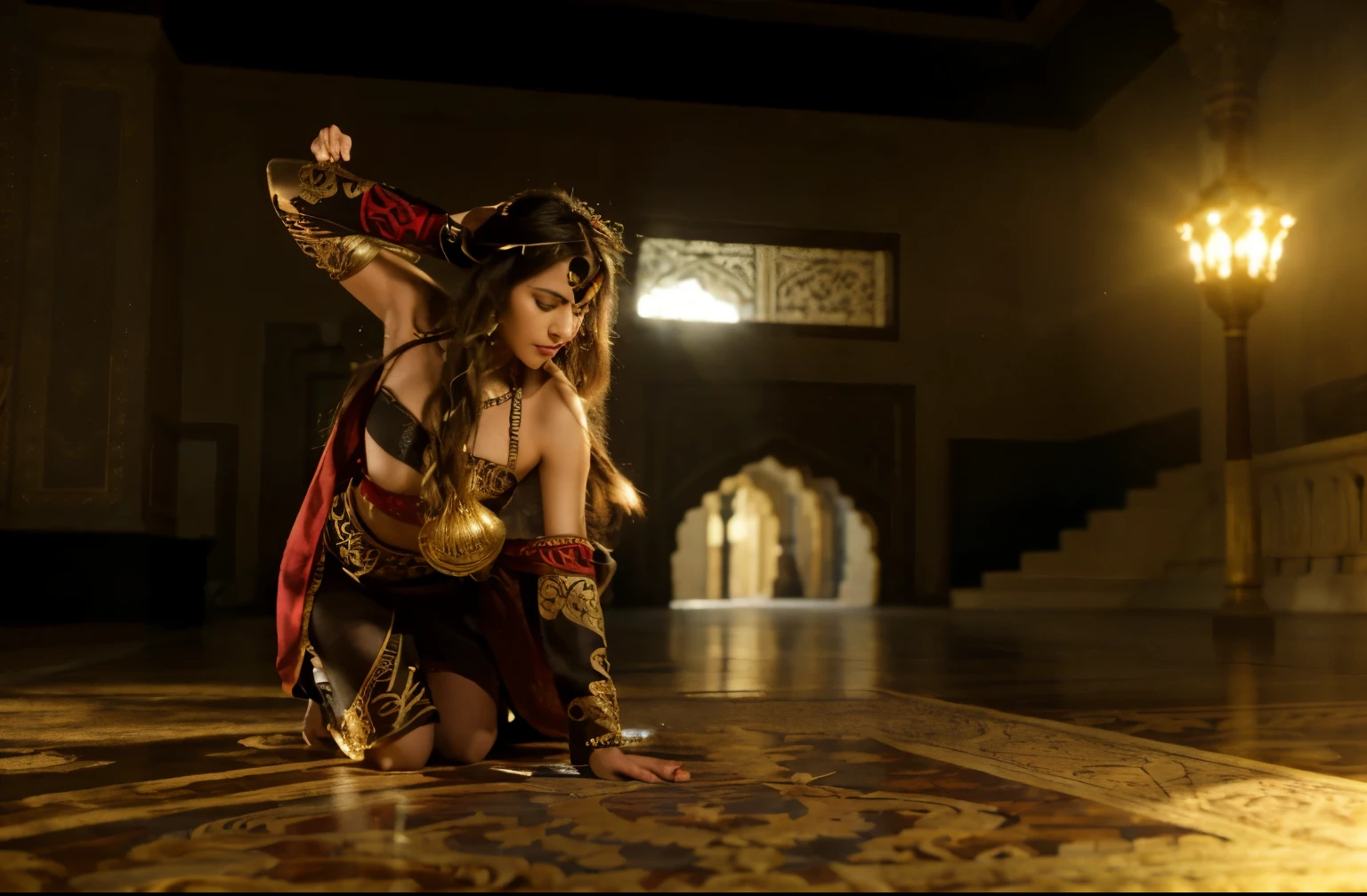 (Best quality, 8k, 32k, Masterpiece, UHD:1.2) , "Transform the image into a magnificent Middle Eastern palace adorned with opulent decorations, intricate carvings, and vibrant colors. Draw inspiration from the grandeur and elegance of the Desert Palace of Sumeru from Genshin Impact to create a scene filled with splendor and wonder.
Start by depicting the exterior of the palace, showcasing its majestic architecture and imposing presence. Render the walls and domes of the palace with intricate designs and patterns, reflecting the rich cultural heritage of the region. Incorporate elements of traditional Middle Eastern architecture, such as arched doorways, ornate columns, and intricately tiled facades.
Fill the surroundings with lush vegetation and exotic flora, adding to the oasis-like atmosphere of the palace grounds. Include towering palm trees, blooming gardens, and cascading fountains to create a sense of tranquility and abundance.
Illuminate the scene with warm sunlight streaming through the windows and casting soft shadows on the palace walls. Use dynamic lighting to accentuate the intricate details of the architecture and enhance the overall visual impact of the scene.
Envision the interior of the palace as a sumptuous sanctuary filled with luxurious furnishings, precious artifacts, and exquisite works of art. Render ornate carpets, gilded furnishings, and elaborate tapestries to convey the opulence of the palace's interiors.
Include elements of magical realism to evoke the mystical allure of the Desert Palace of Sumeru. Incorporate subtle hints of ancient mysticism and arcane symbols, hinting at the palace's connection to the elemental forces of the desert.
Finally, infuse the scene with a sense of wonder and majesty, capturing the imagination of the viewer and transporting them to a realm of fantasy and enchantment. Let the beauty and grandeur of the Middle Eastern palace inspire awe and admiration, inviting viewers to explore its rich history and hidde