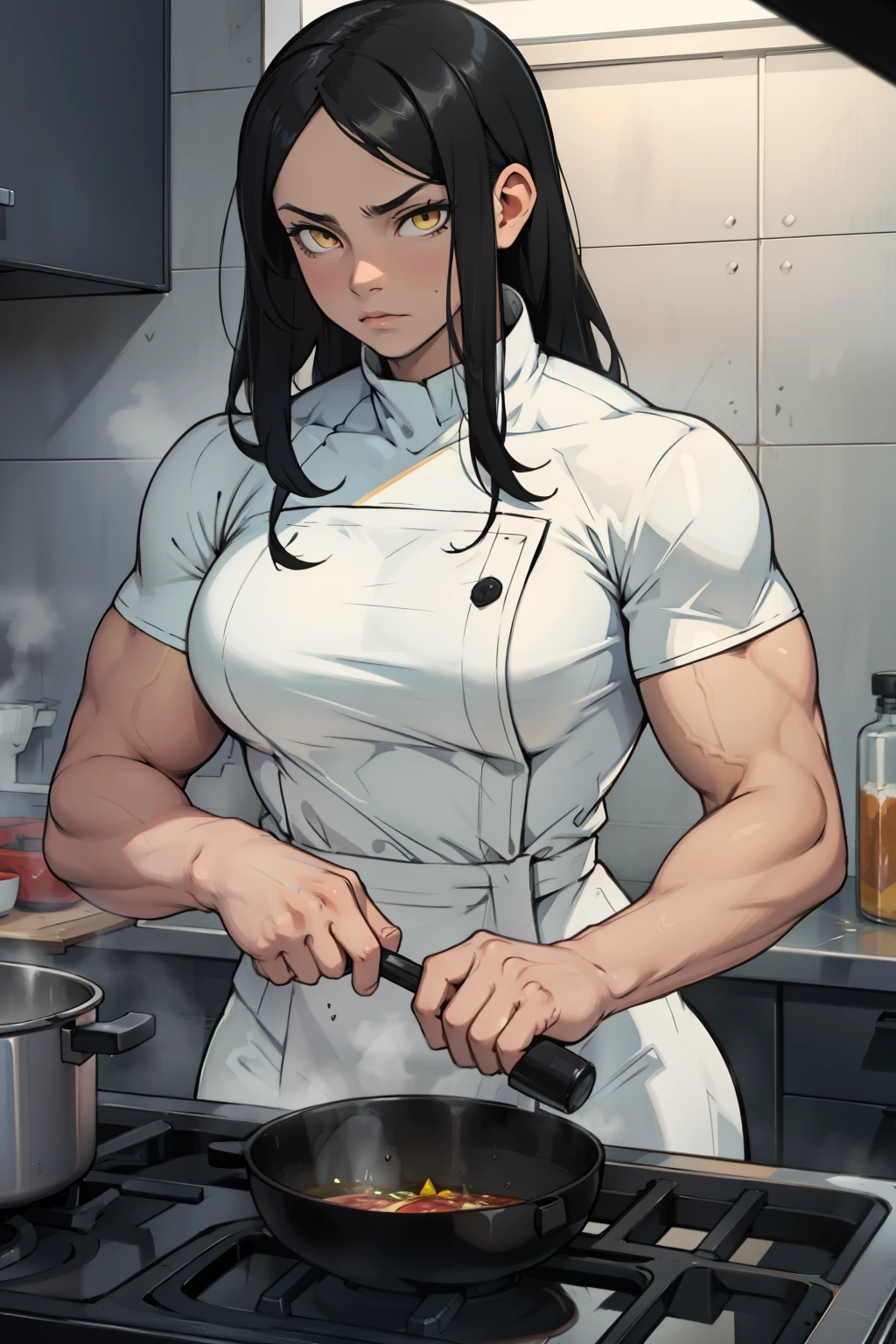 a muscular woman cooking black hair yellow eyes expressionless