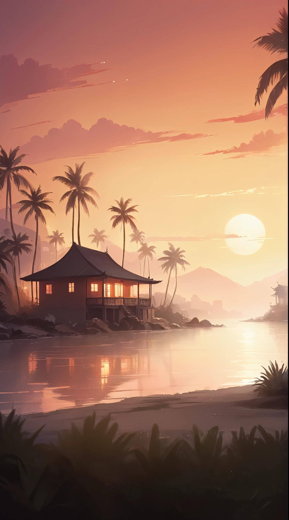 illustration of a sunset scene with a house and palm trees, background artwork, blurred and dreamy illustration, calm night. digital illustration, atmospheric. digital painting, blurry and dreamy illustration, cartoon moody scene, background art, nightime village background, soft digital painting, 4 k hd wallpaper illustration, tropical atmosphere, dreamy chinese town, temple background, matte digital painting