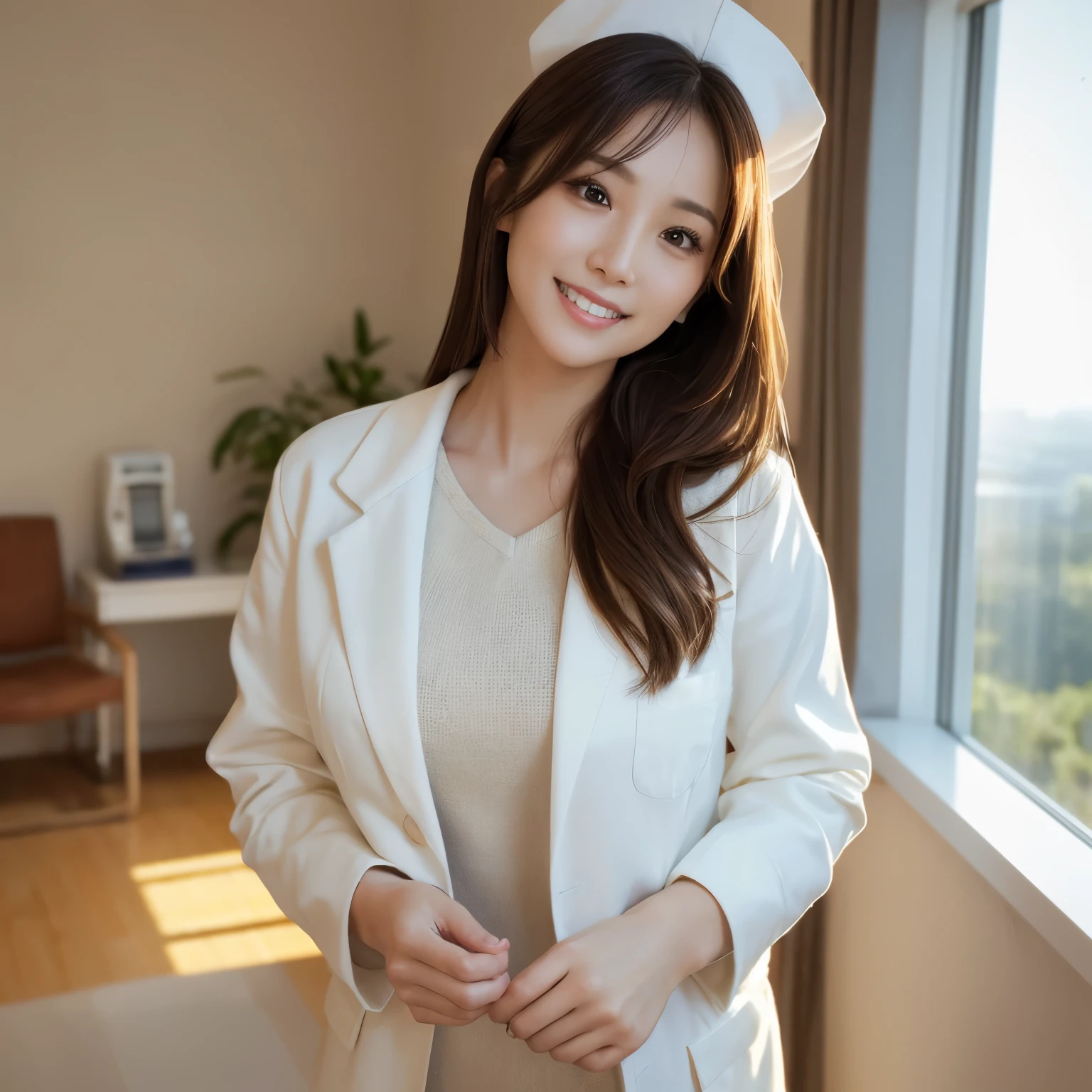 (highest quality、table top、8K、best image quality、Award-winning work)、1 nurse、(solo:1.2)、(The perfect and most natural nurse&#39;s pure white lab coat:1.1)、(Perfect and most natural white plain nurse cap:1.1)、The most natural and perfectly organized hospital room、A perfectly organized hospital room、The most natural and practical hospital room、blurred background、big breasts、emphasize body line、(standing elegantly:1.1)、(close up of face:1.1)、Staring at me with fascination、accurate anatomy、(Beautiful skin shining in the sunset:1.1)、(A vivid and romantic sunset shining through the window:1.3)、(A fantastic and romantic sunset:1.2)、(epic movie lighting:1.1)、(romantic evening hospital room:1.1)、Super high-definition glossy skin、Super high-definition sparkling eyes、Super high definition beautiful hair、Super high definition beautiful teeth