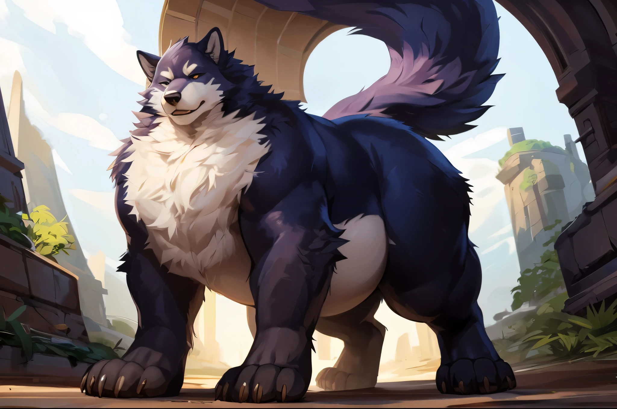 4k ultra quality, 4k full body view,(ultra high detailed body),wolf, detailed body,by mystikfox61, by glitter trap boy,feral paws, by bebebebebe,by morethreedee, by seibear,(thick thigh),(chubby thigh),thicc thigh,thick legs,chubby legs,thicc legs,massive butt,enomorous thigh,massive thigh,massive legs,strong legs,thick lower legs,wide legs,(detailed thigh),(wide thigh),fluffy belly,furry belly,sharp nails,((sfw)),(ultra detailed face),detailed eyes,big tail,fluffy tail,(detailed tail),enomorous tail,bigger tail,huge tail,volumetric light,bigger taur body,(big lower belly),big paws,(thick paws),fluffy paws,furry paws,enomorous paws,animal focus, beast,standing,(bigger lower body),strong lower body,macro,giga,master works, super fine, 4k resolution, high quality, movie lighting, high picture detail,dark fantasy,beast creature,illusory engine, Masterpiece,shiny fur,big belly,muscle legs,long legs,(front view)