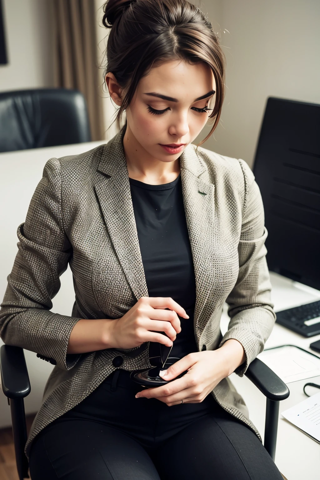 high detail, modern, Realism, Hyperrealism, cinematic lighting, depth of field, UHD, retina, masterpiece, acurate, anatomically correct, textured skin, super detail, high details, high quality, award winning, best quality, highres, 8k, Photo of a cute brunette woman with hair in a bun sitting in an office wear a black suit jacket with unbuttoned blouse pleasant atmosphere, american flag in the background dunkle Beleuchtung,