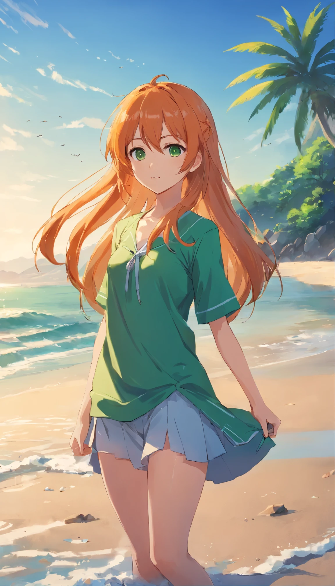 Anime girl with long orange hair, standing on the beach near the ocean, green eyes detailed digital anime art, Anime girl with long hair, гладкое аниме cg art, Anime girl with long hair, digital anime art, work in Guweiz style, Beautiful anime portrait, Photorealistic render of an anime girl, Beautiful anime girl, advanced digital anime art, guweiz на artstation pixiv HD UHD HQ