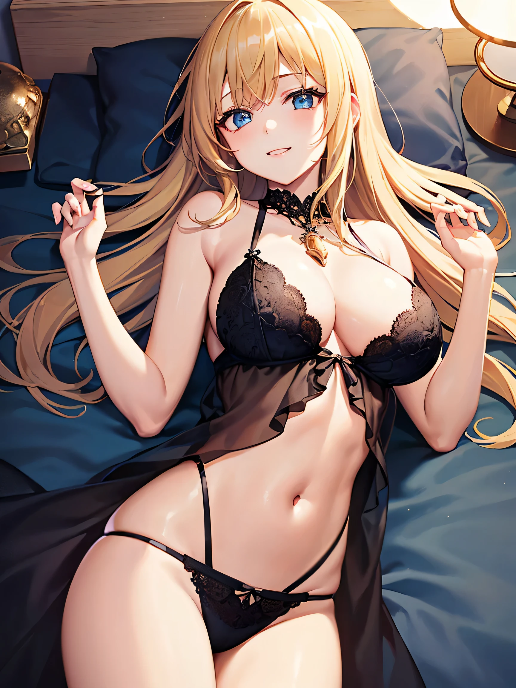 late night bedroom、bedside lamp light、Sexyなルック、Blonde girl in underwear lying on bed、Eyes that invite、laughter、((lying face up in bed))、Reach your audience、outstretched hand, positive、((cowboy shot:1.4))、cleavage、8K, highest quality, masterpiece, lively, real person, unity 8k wallpaper, (1 girl) , beautiful eyes, (delicate face) , perfect details, (best lighting) , (super complex detailed) (Sexy)、 (pretty girl:1.1),(1 girl),(細部までbeautiful eyeasterpiece side light、masterpiece、highest quality、detailed、High resolution illustrations),delicate makeup, 、throw、soft focus、(1 girl)(highest qualityのイラスト:1.2), (pretty girl:1.1), (1 girl, alone:1.5), (1 girl、18-year-old、-So、、big breasts:1.5、super detailedな目:1.2)、(big and full breasts:1.1)、((blue eyes))、((Golden brown hair:1.5))、(medium long hair)、break(highest quality、super detailed、very detailed and beautiful、超A high resolution、腕のdetailed:1.2) break(highest quality、super detailed、very detailed and beautiful、超A high resolution、腕のdetailed:1.2)4K integration、(Super detailed CG:1.2)、(8K:1.2)