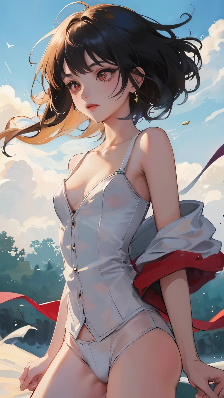 young girl black hair short hair red eyes irreverent face look down thin body thin thighs small breasts small ass toned body blue sky cloud hair blowing in the wind high quality High resolution 8K vampire watercolor natural feel bridge of the nose ((最high quality)), ((masterpiece)), (get used to it), dignified face grassland close up of face Beautiful as a goddess whole face lipstick eye shadow naked ID photo style one piece long eyelashes Accurate No decoration Bare skin No accessories In underwear